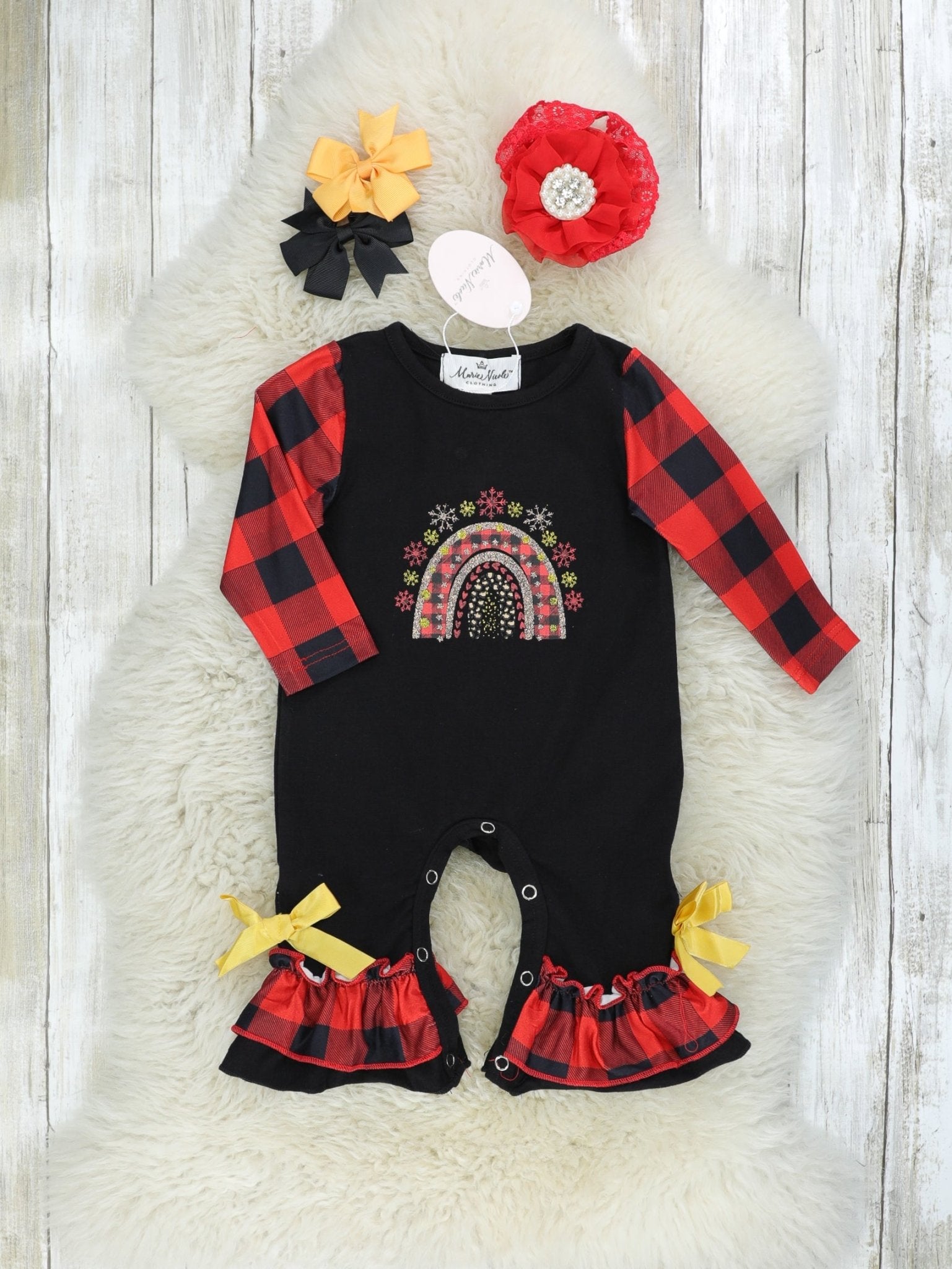 Buffalo Plaid Rainbow Raglan Romper - Marie Nicole Clothing