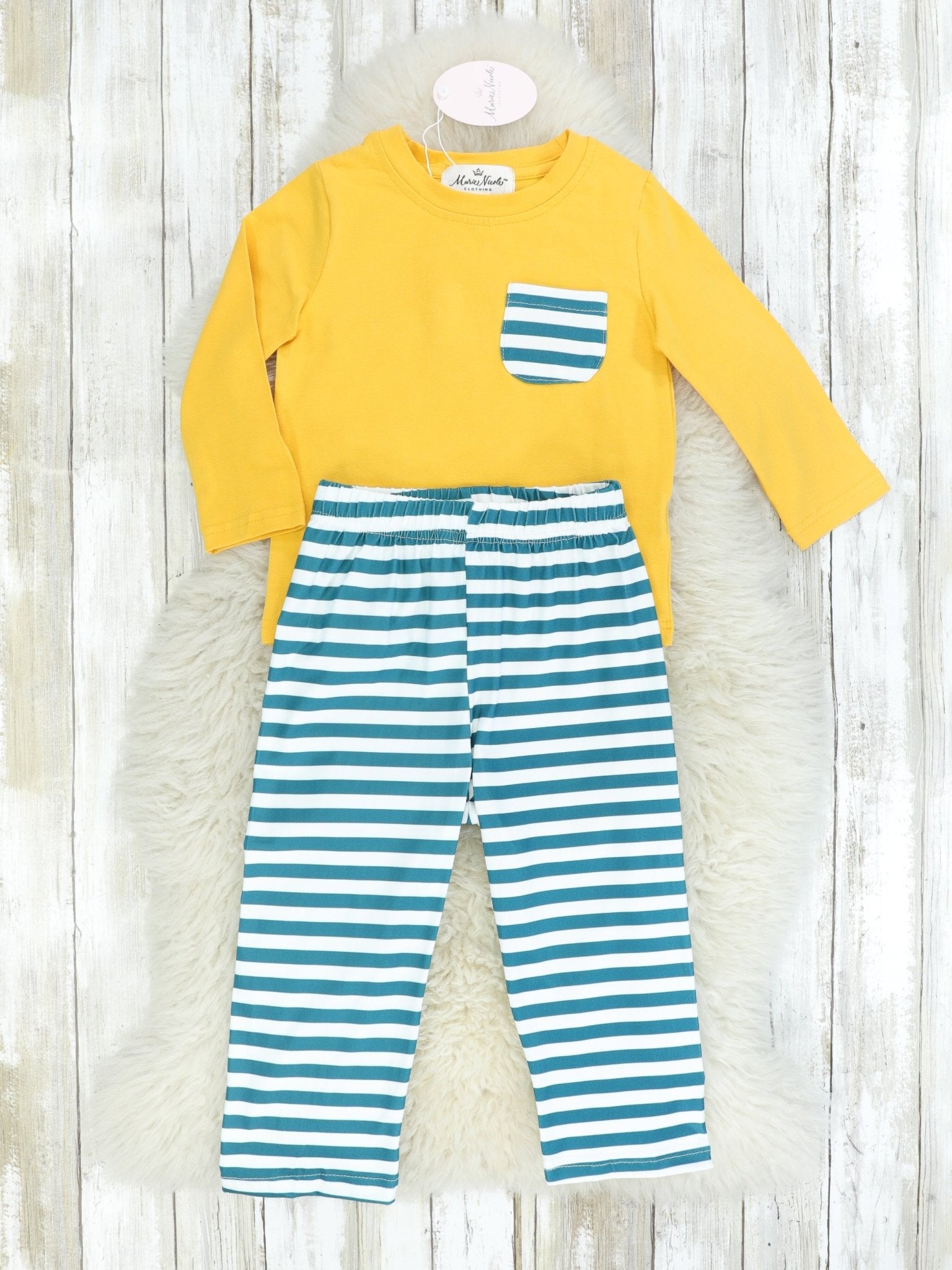 Yellow Pocket Long Sleeve & Striped Bottoms Outfit - Marie Nicole Clothing