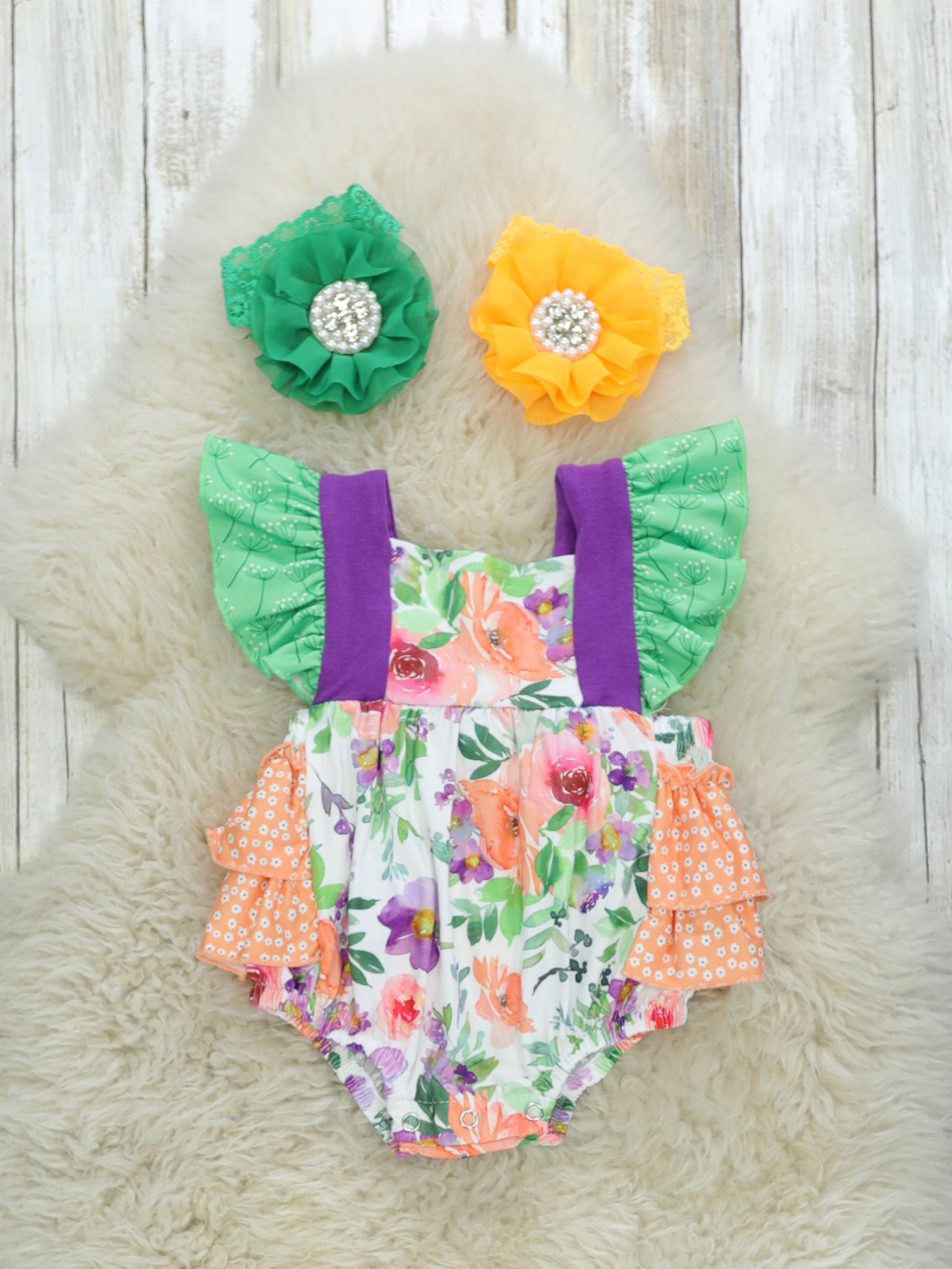 Purple & Green Floral Ruffle Bubble Romper - Marie Nicole Clothing