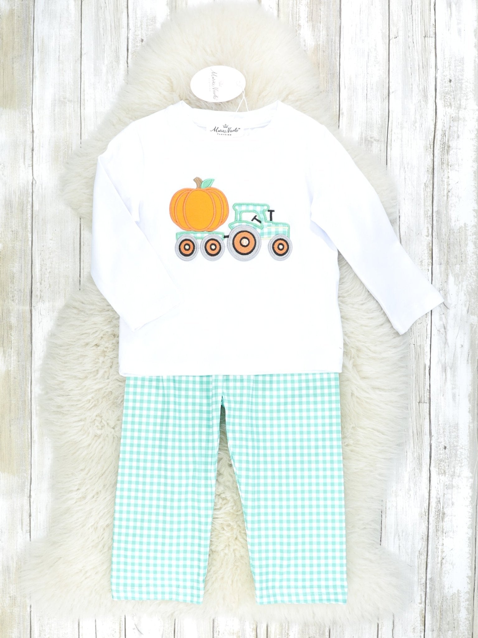 Pumpkin Tractor Green Gingham Outfit - Marie Nicole Clothing