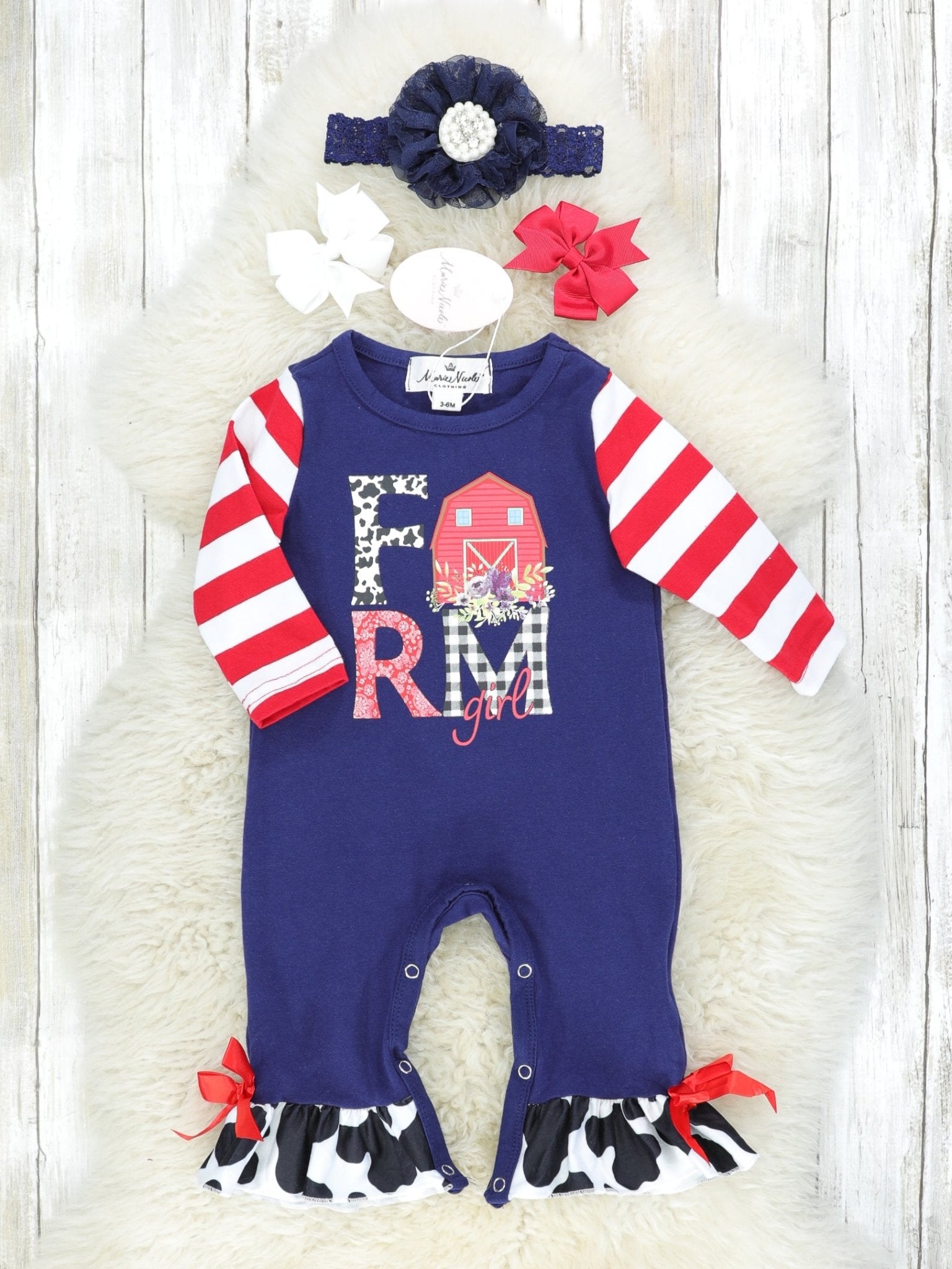 Navy "Farm" Cow Print Ruffle Romper - Marie Nicole Clothing
