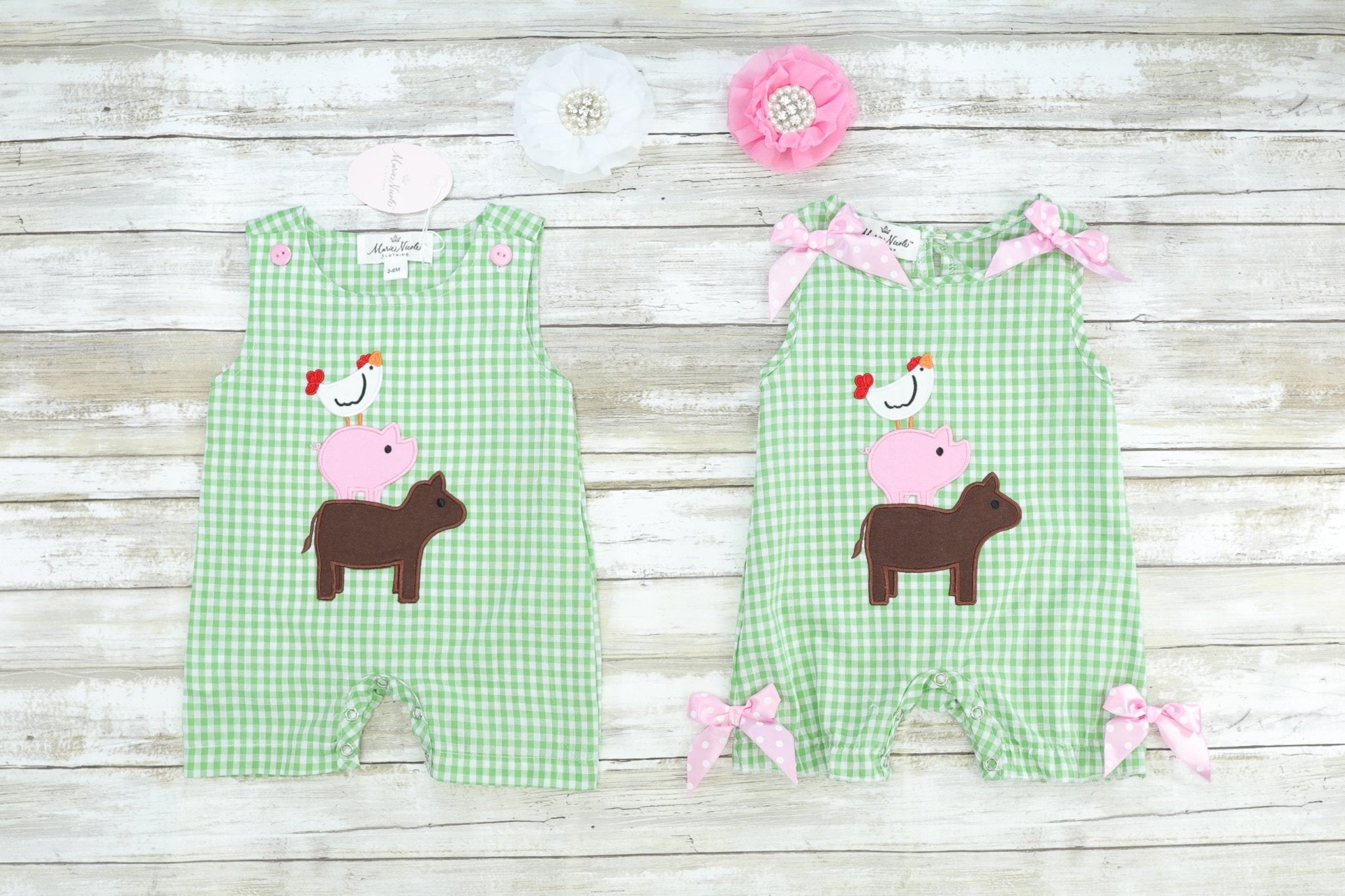 Green Check Farm Animal Romper - Marie Nicole Clothing