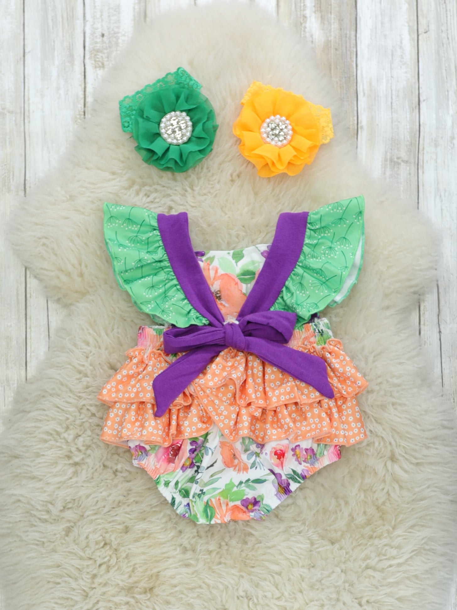 Purple & Green Floral Ruffle Bubble Romper - Marie Nicole Clothing