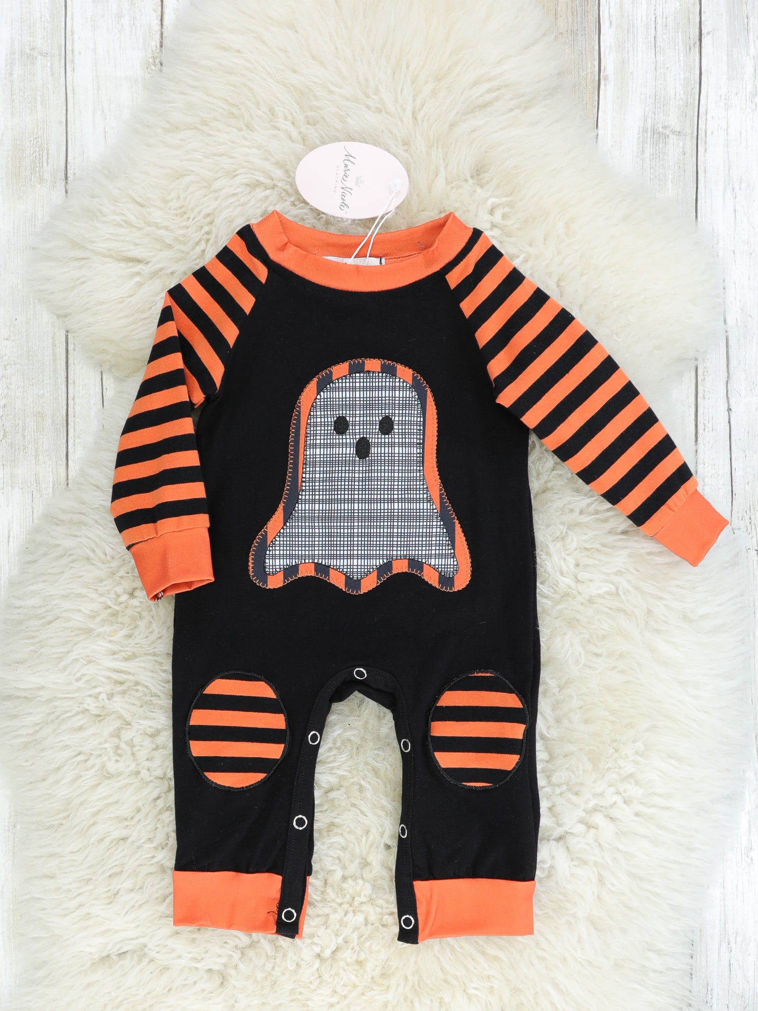 Orange & Black Striped Ghost Romper - Marie Nicole Clothing