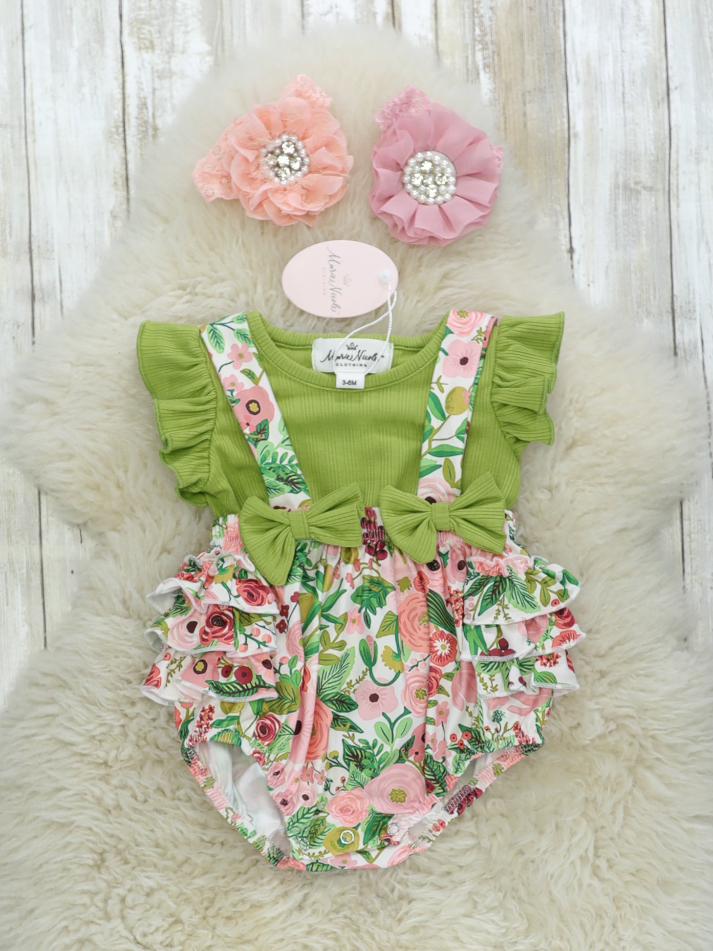 Green Ruffle Top & Floral Ruffle Overall Set - Marie Nicole Clothing