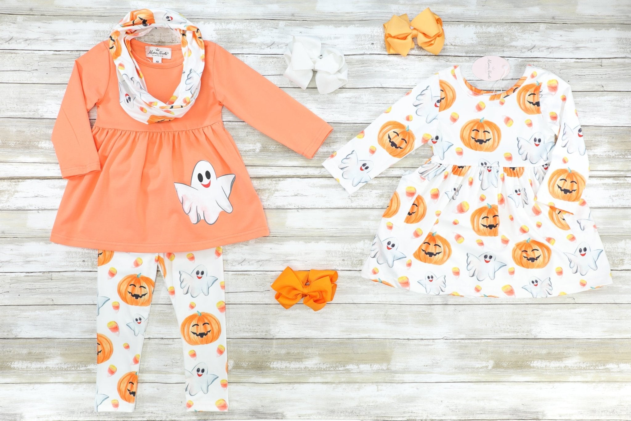 Orange Ghost Peplum Top & Pumpkin Candy Corn Bottoms Outfit W/ Scarf - Marie Nicole Clothing