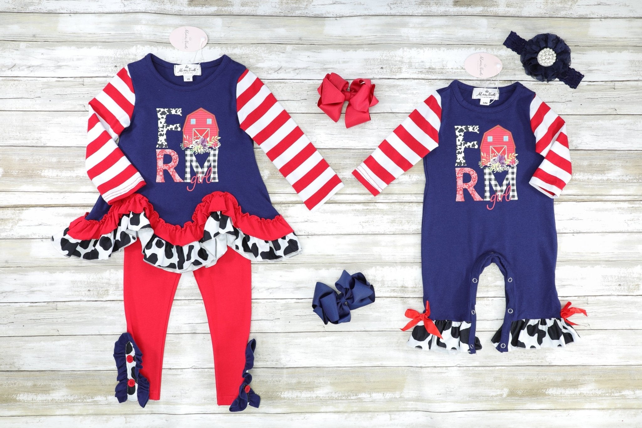 Navy "Farm" Cow Print Ruffle Romper - Marie Nicole Clothing