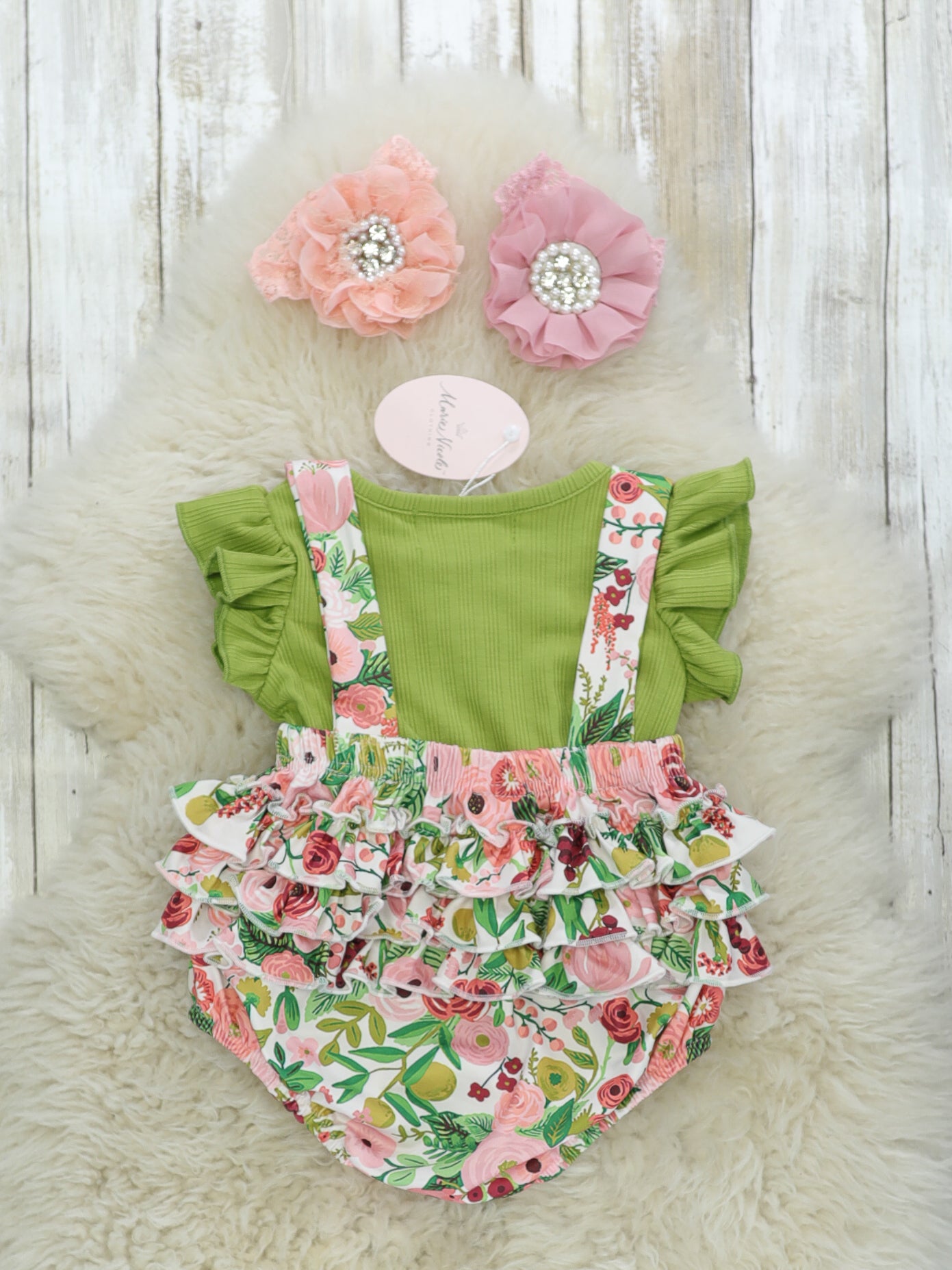 Green Ruffle Top & Floral Ruffle Overall Set - Marie Nicole Clothing