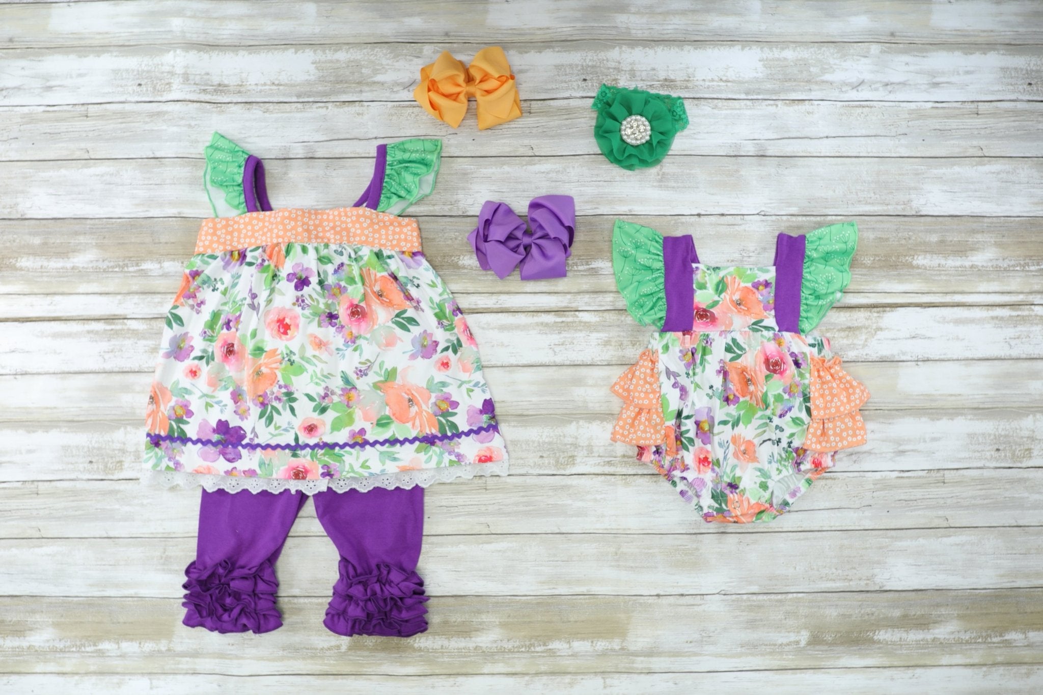Purple & Green Floral Ruffle Bubble Romper - Marie Nicole Clothing