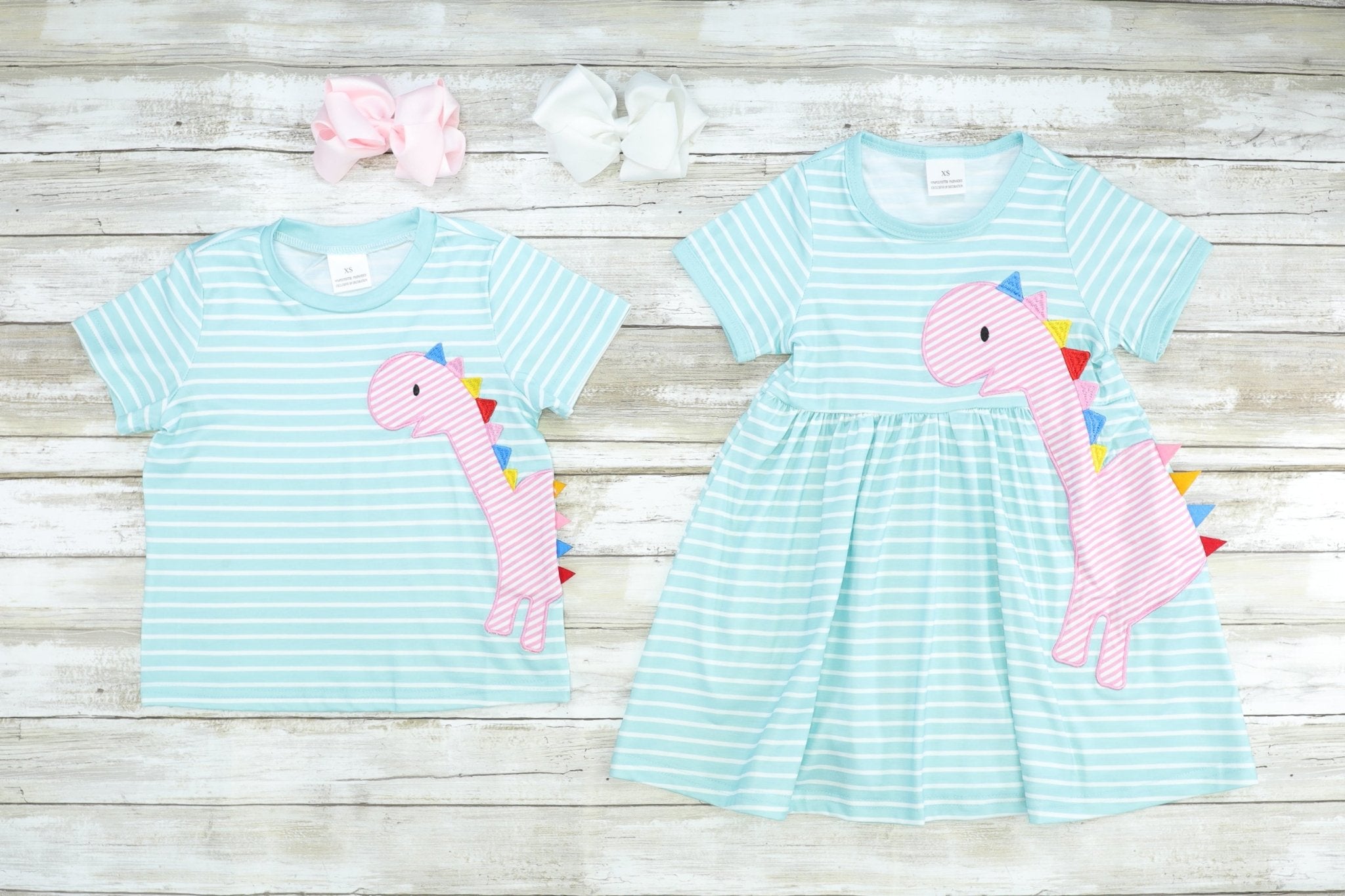 Blue Striped Dinosaur Dress - Marie Nicole Clothing