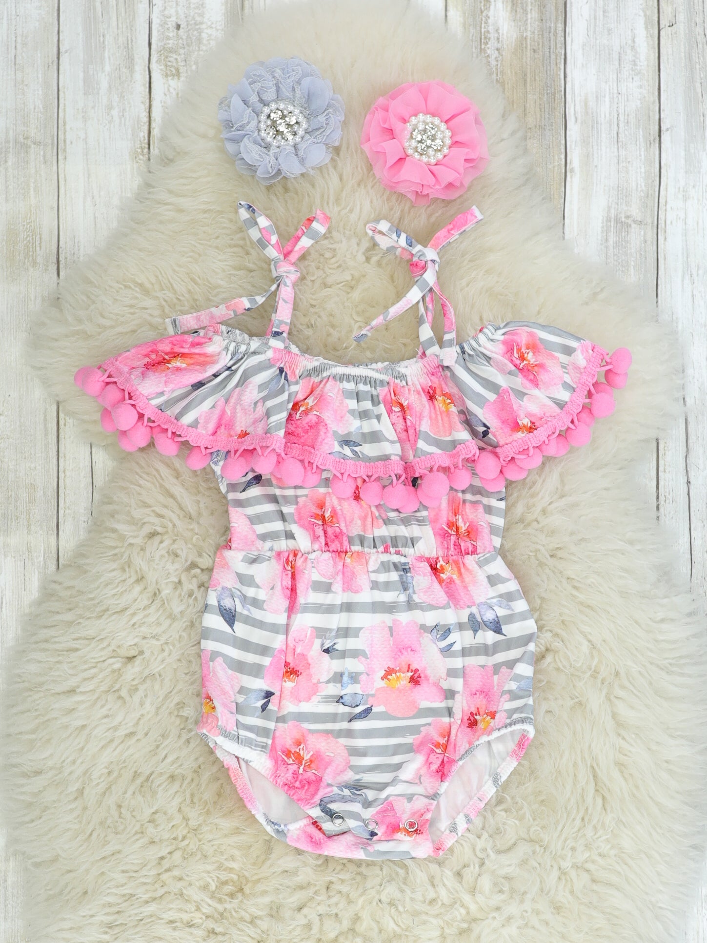Pink Floral Striped Bubble Romper - Marie Nicole Clothing