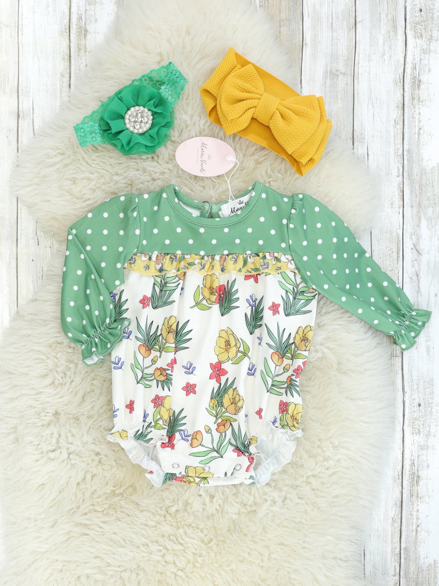 Olive Floral Long Sleeve Bubble Romper - Marie Nicole Clothing
