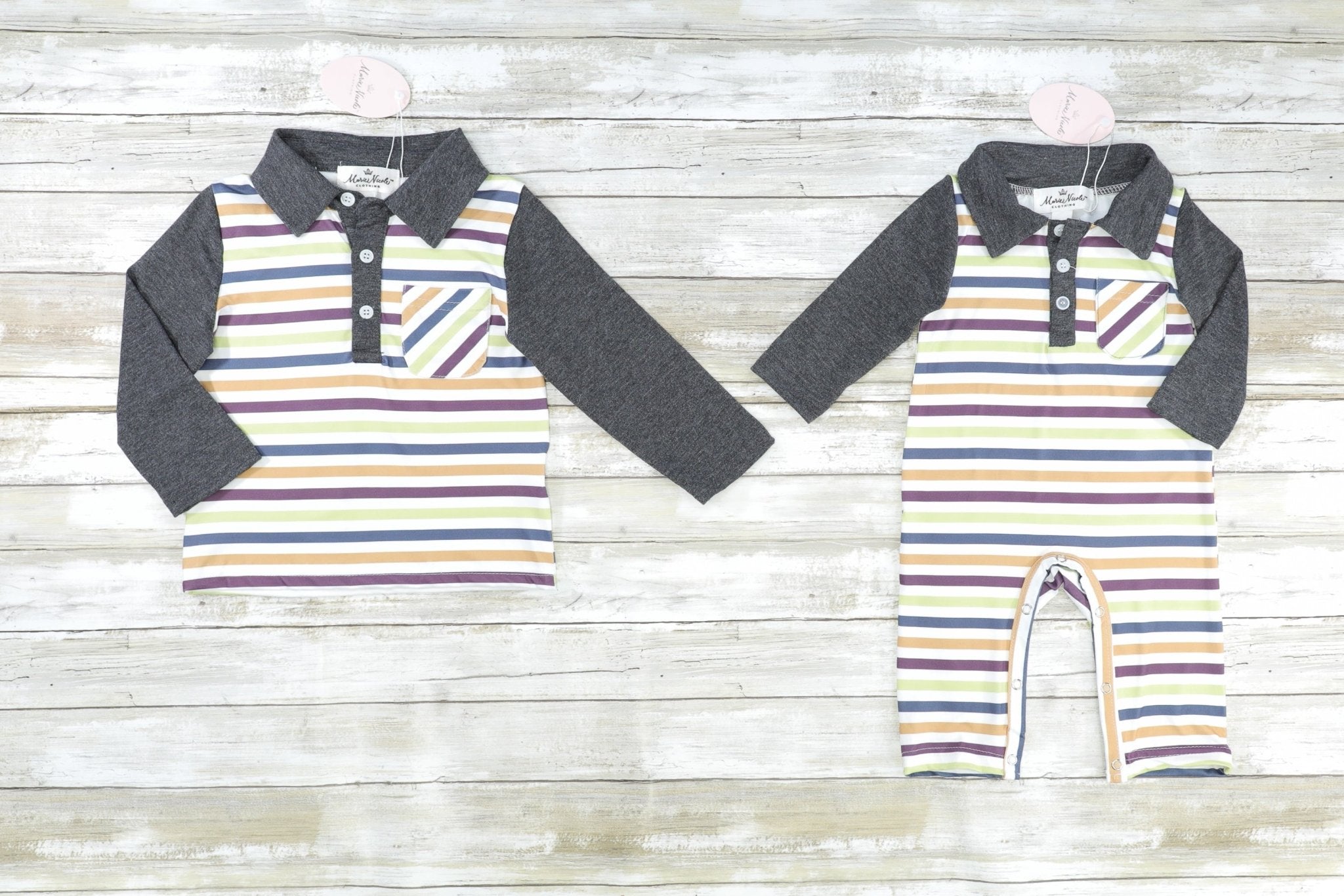 Green Striped Raglan Pocket Polo Romper - Marie Nicole Clothing