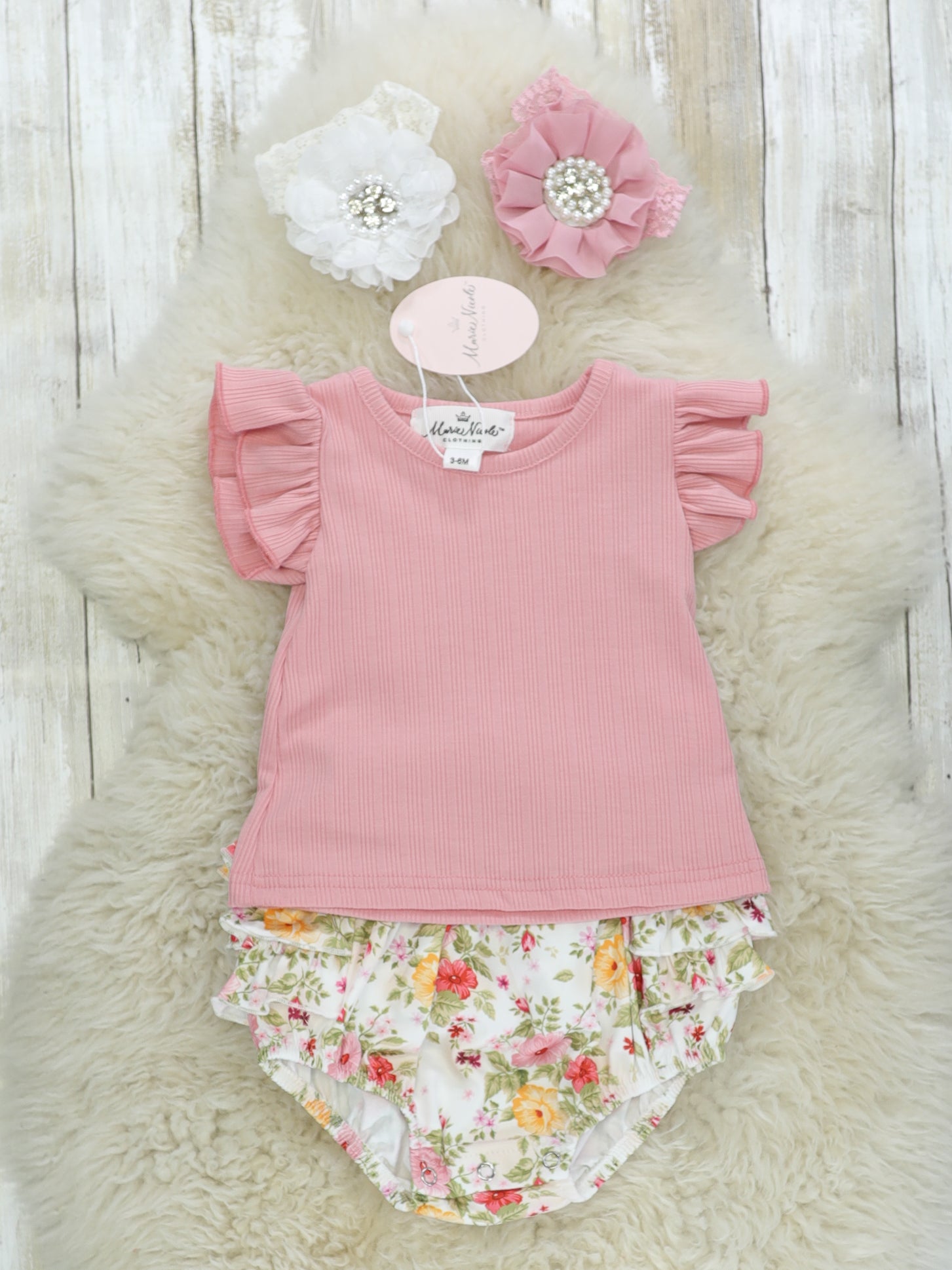 Pink Ruffle Top & Floral Ruffle Overall Set - Marie Nicole Clothing