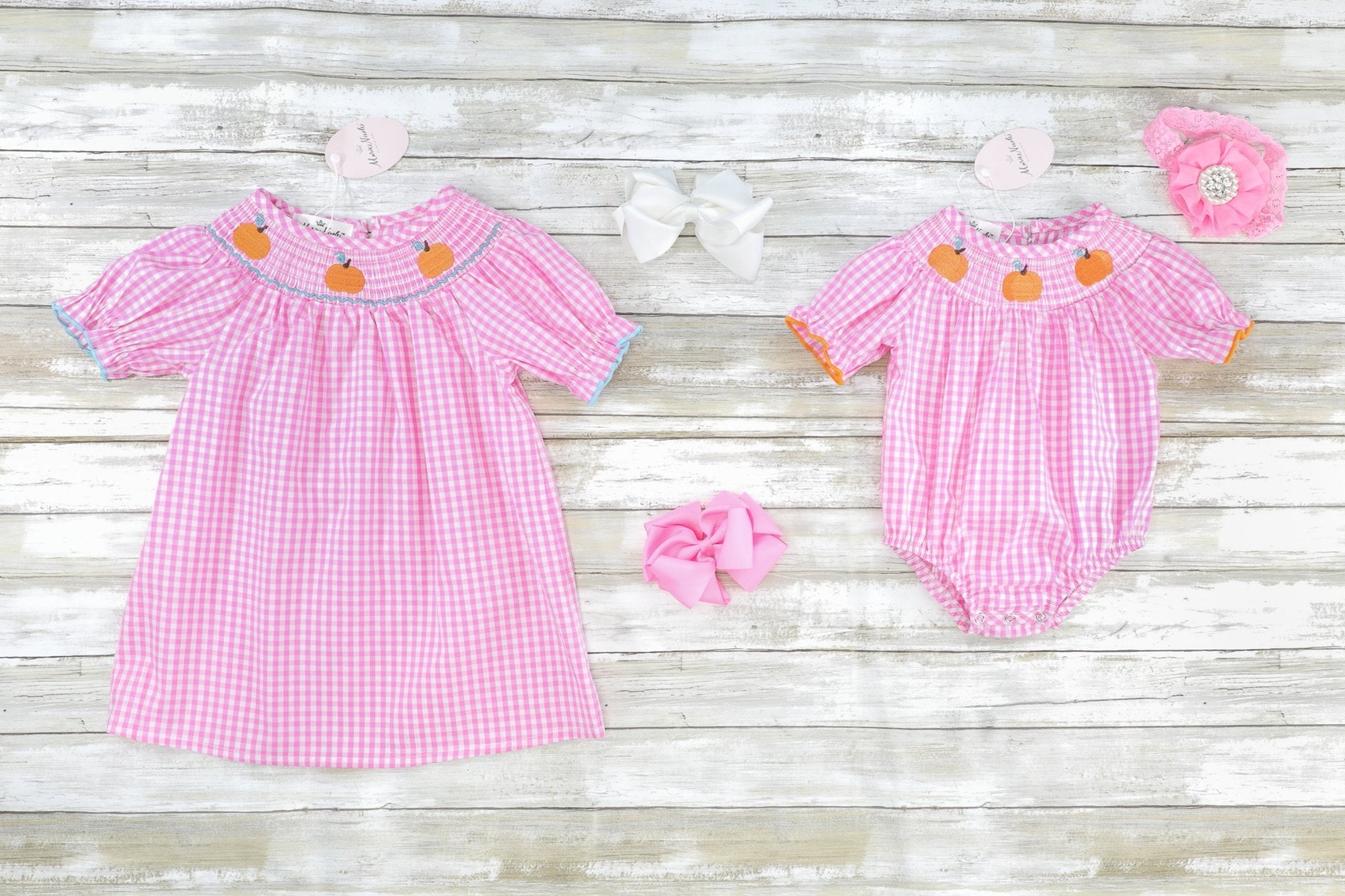 Pink Gingham Smocked Pumpkin Romper - Marie Nicole Clothing
