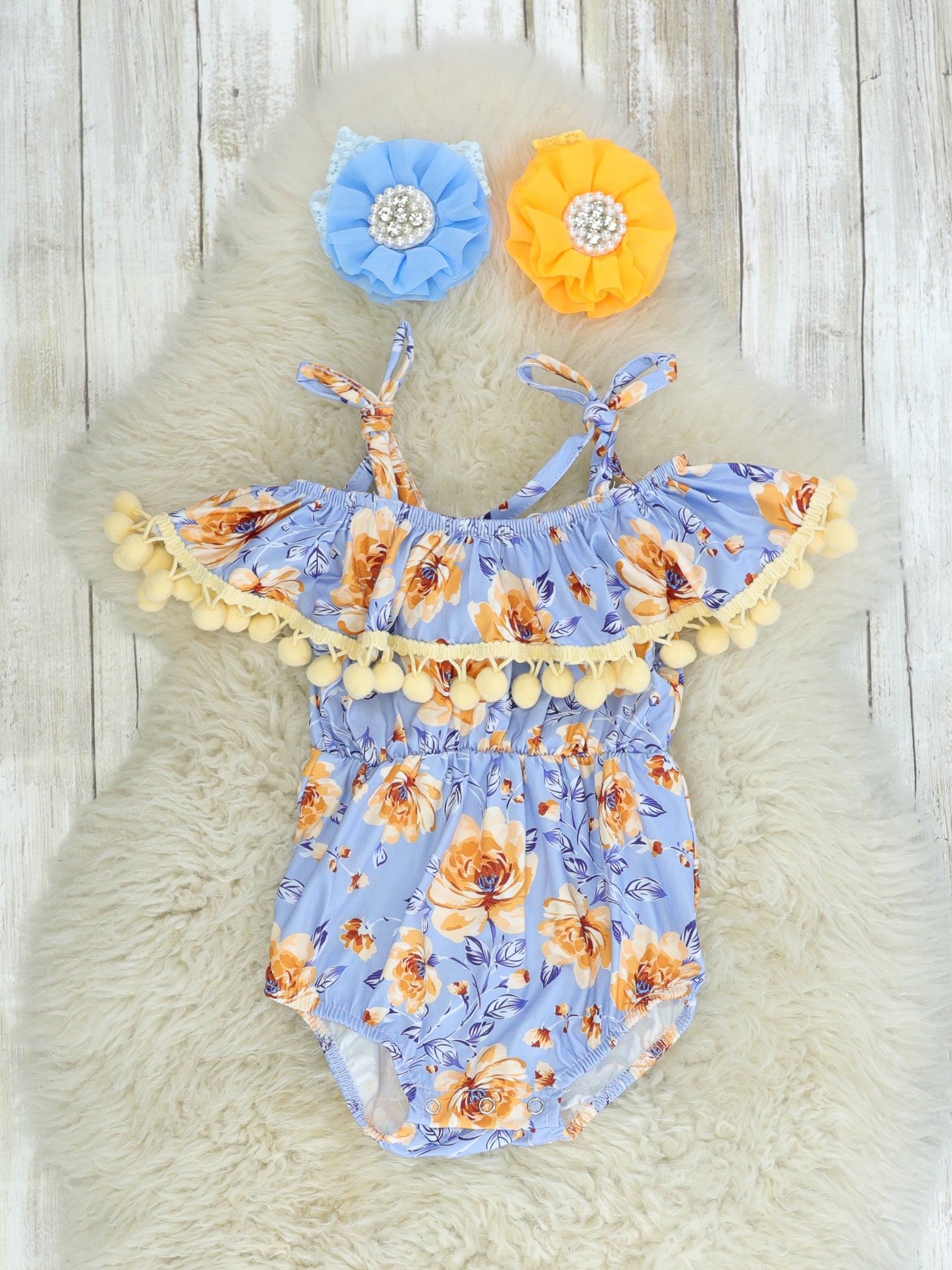 Blue & Yellow Floral Bubble Romper - Marie Nicole Clothing
