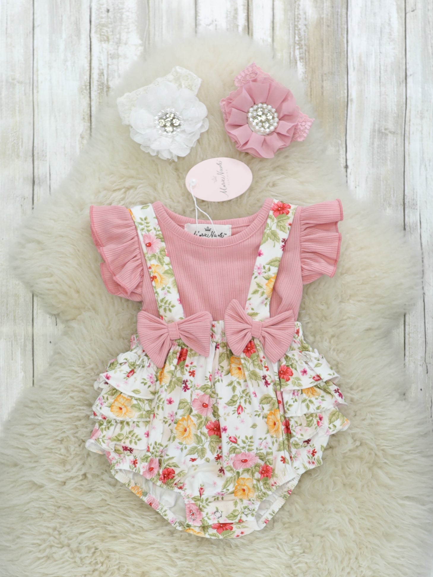 Pink Ruffle Top & Floral Ruffle Overall Set - Marie Nicole Clothing