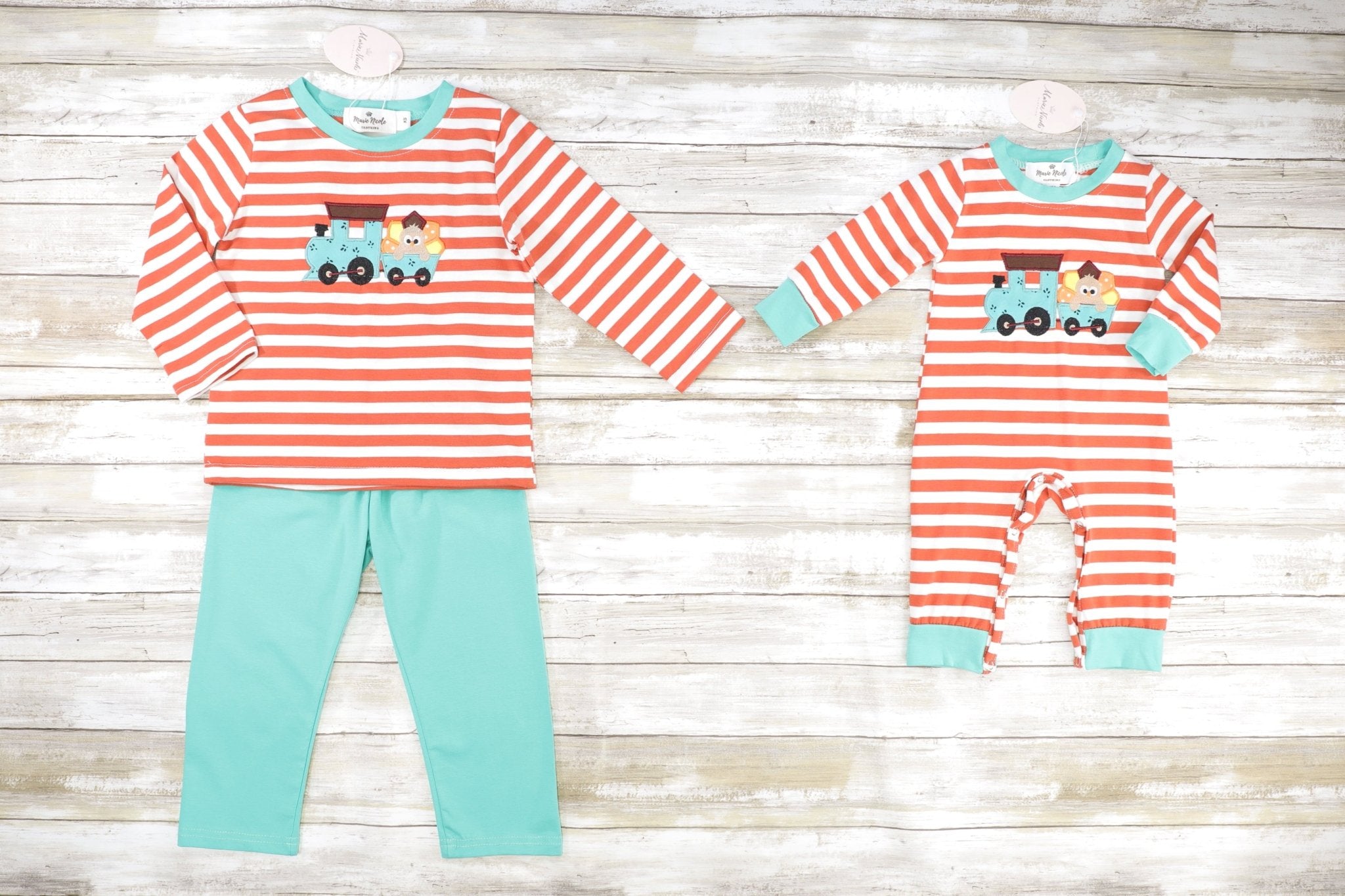 Striped Teal Turkey Train Romper - Marie Nicole Clothing