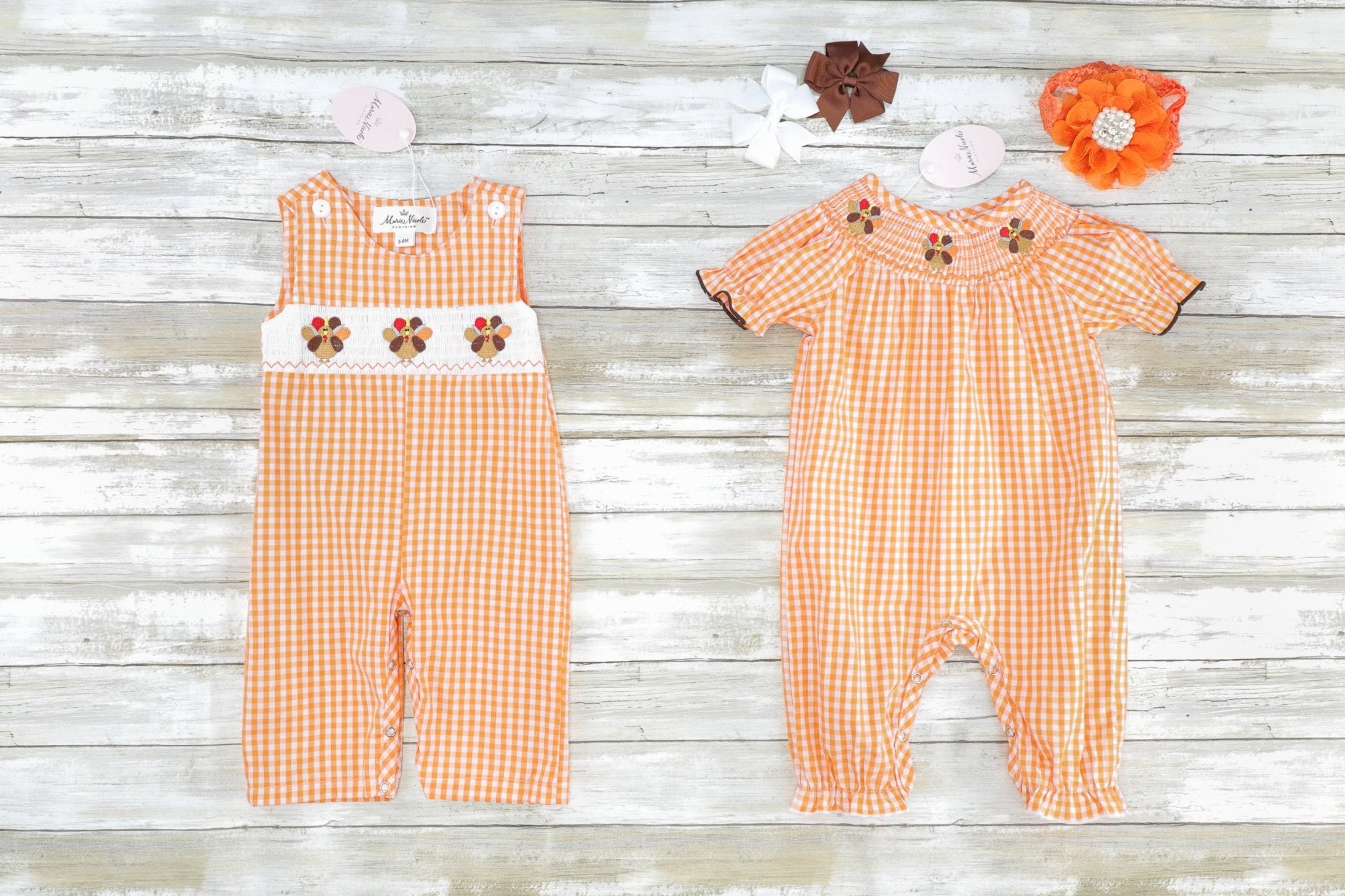 Orange Gingham Smocked Turkey Johnny - Marie Nicole Clothing