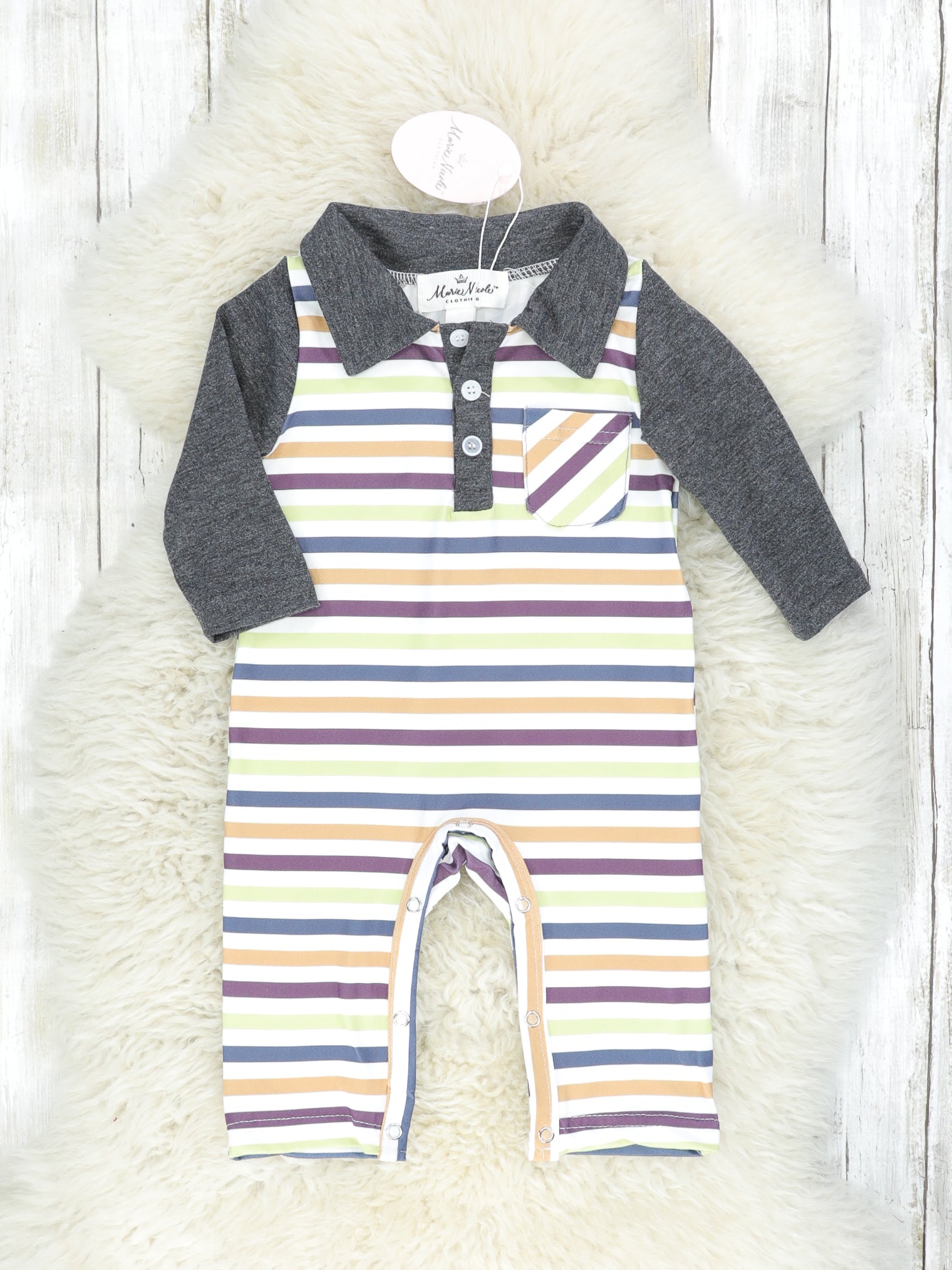 Green Striped Raglan Pocket Polo Romper - Marie Nicole Clothing