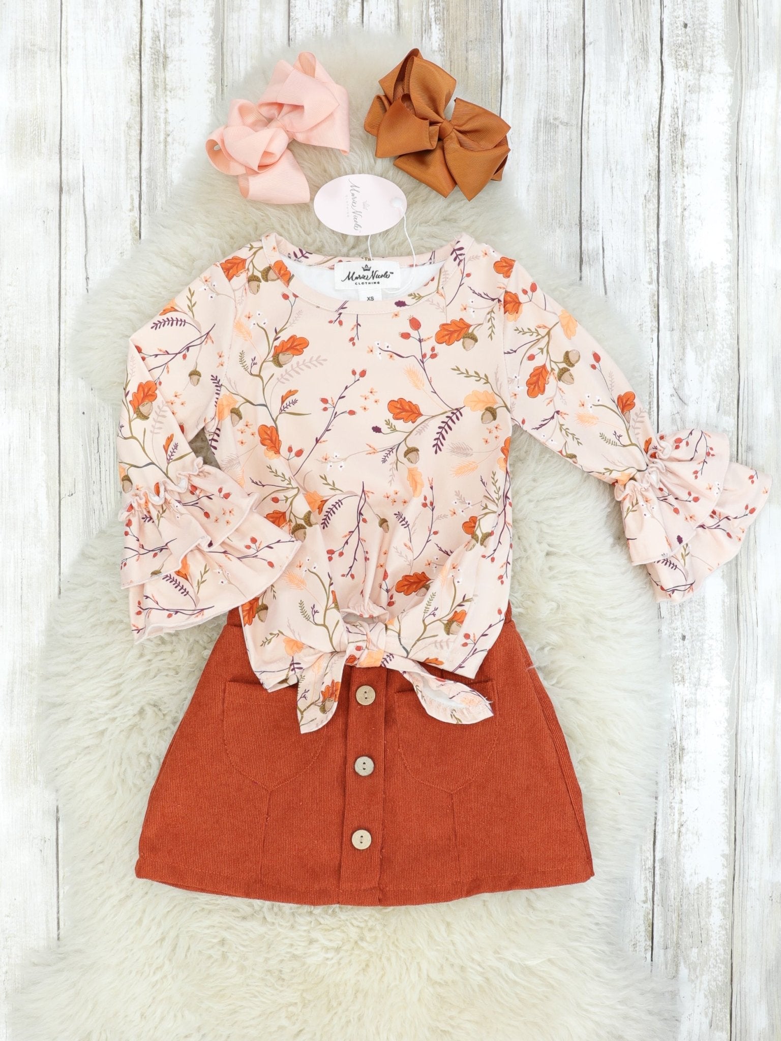Autumn Botanic Ruffle Sleeve Top & Brown Pocket Skirt - Marie Nicole Clothing