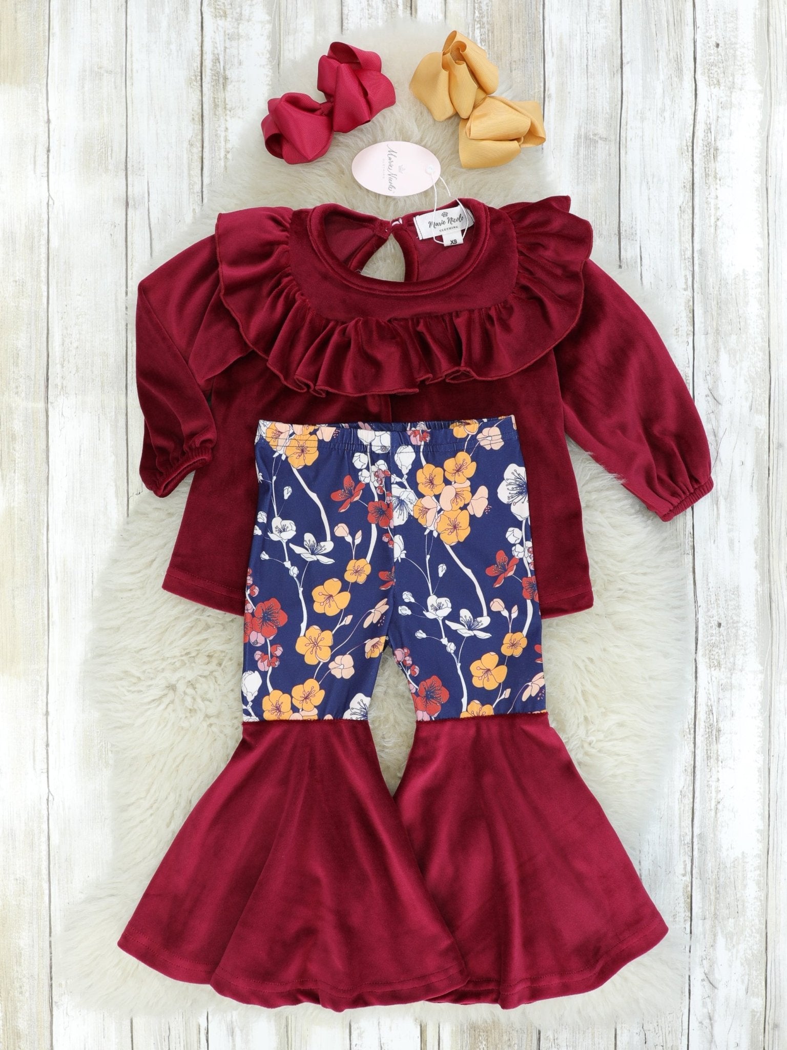 Burgundy Velvet Ruffle Top & Navy Floral Bell Bottoms Outfit - Marie Nicole Clothing