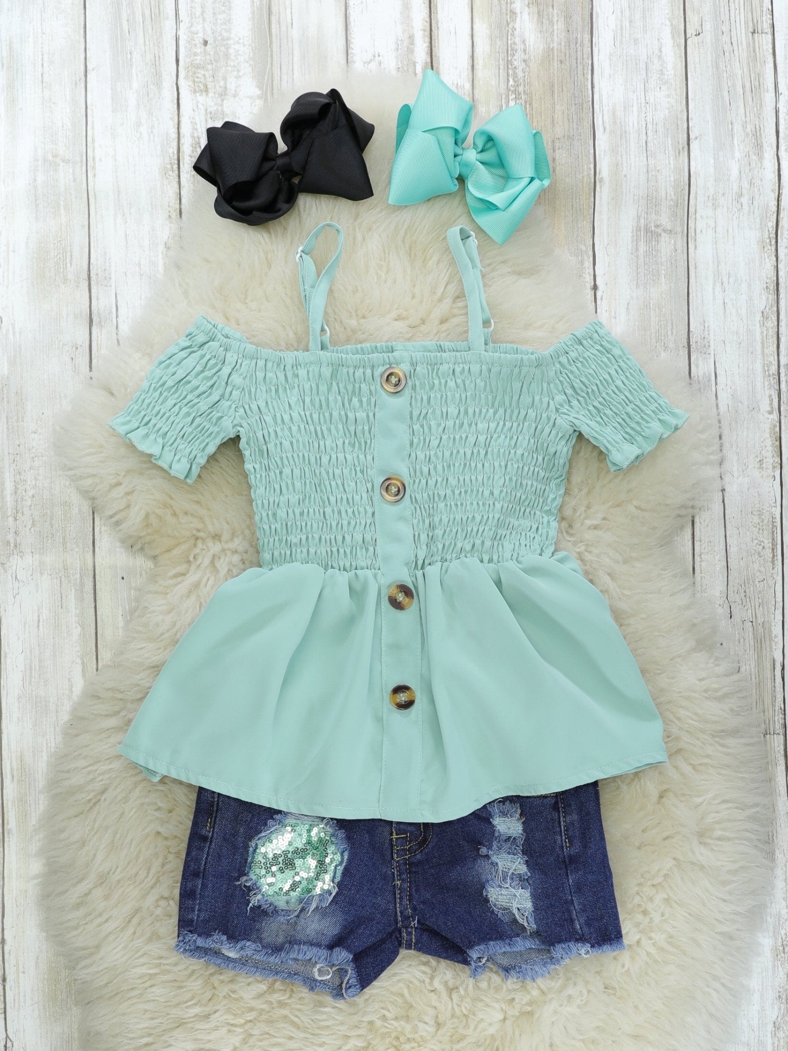 Teal Tunic Top & Sequin Denim Shorts Outfit - Marie Nicole Clothing