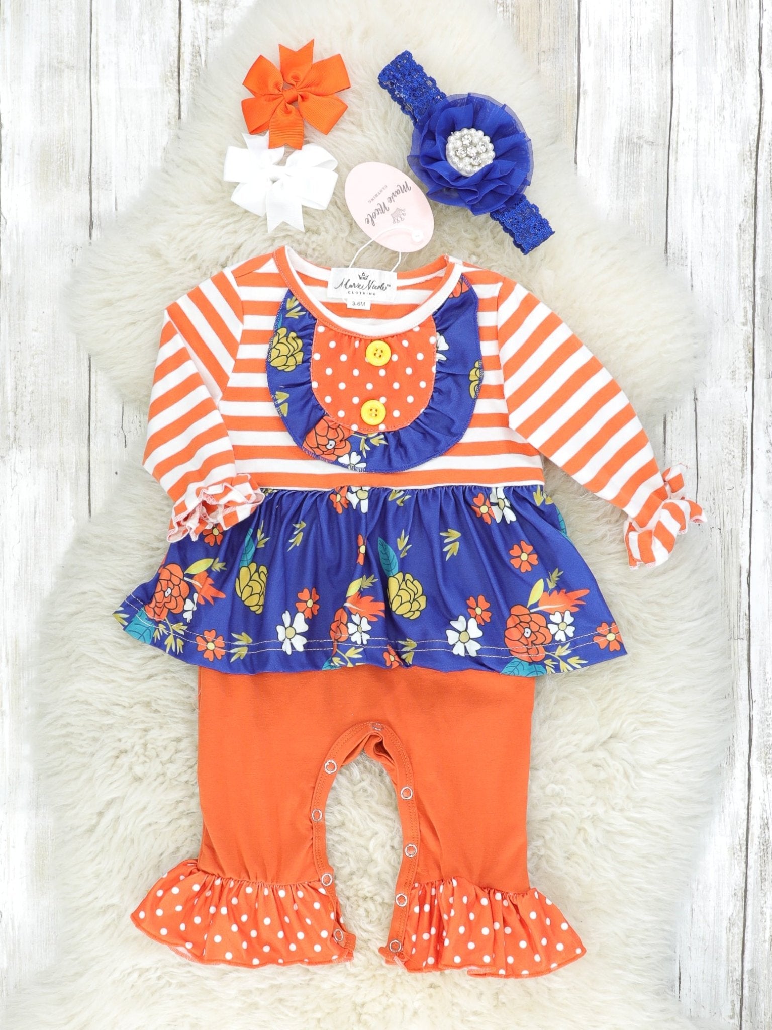 Orange & Blue Floral Dressy Ruffle Romper - Marie Nicole Clothing
