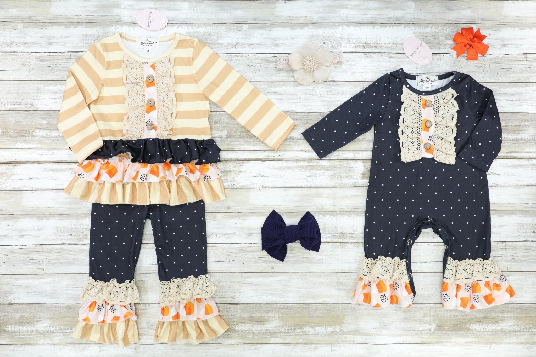 Polka Dot Candy Corn Ruffle Romper - Marie Nicole Clothing
