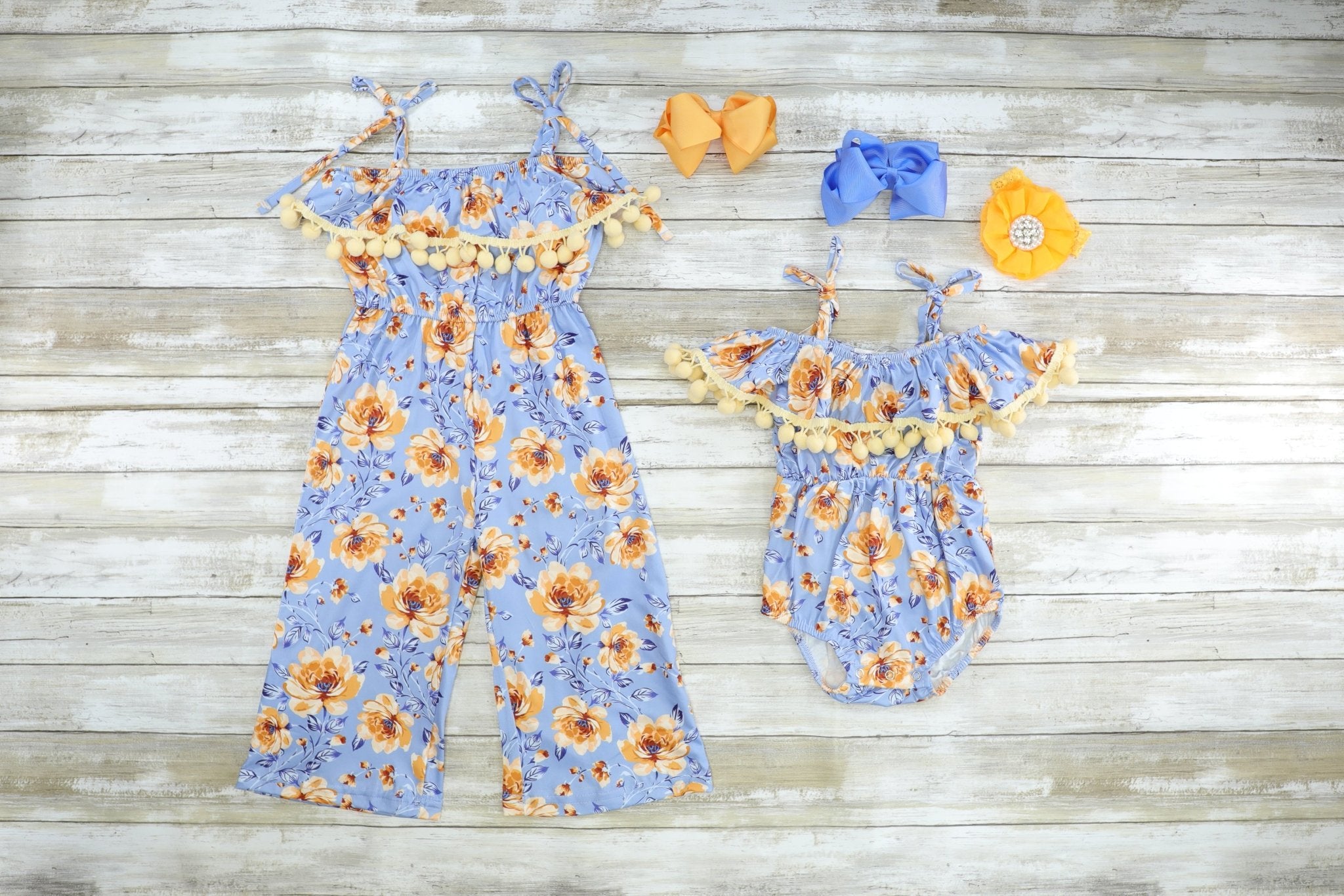 Blue & Yellow Floral Bubble Romper - Marie Nicole Clothing