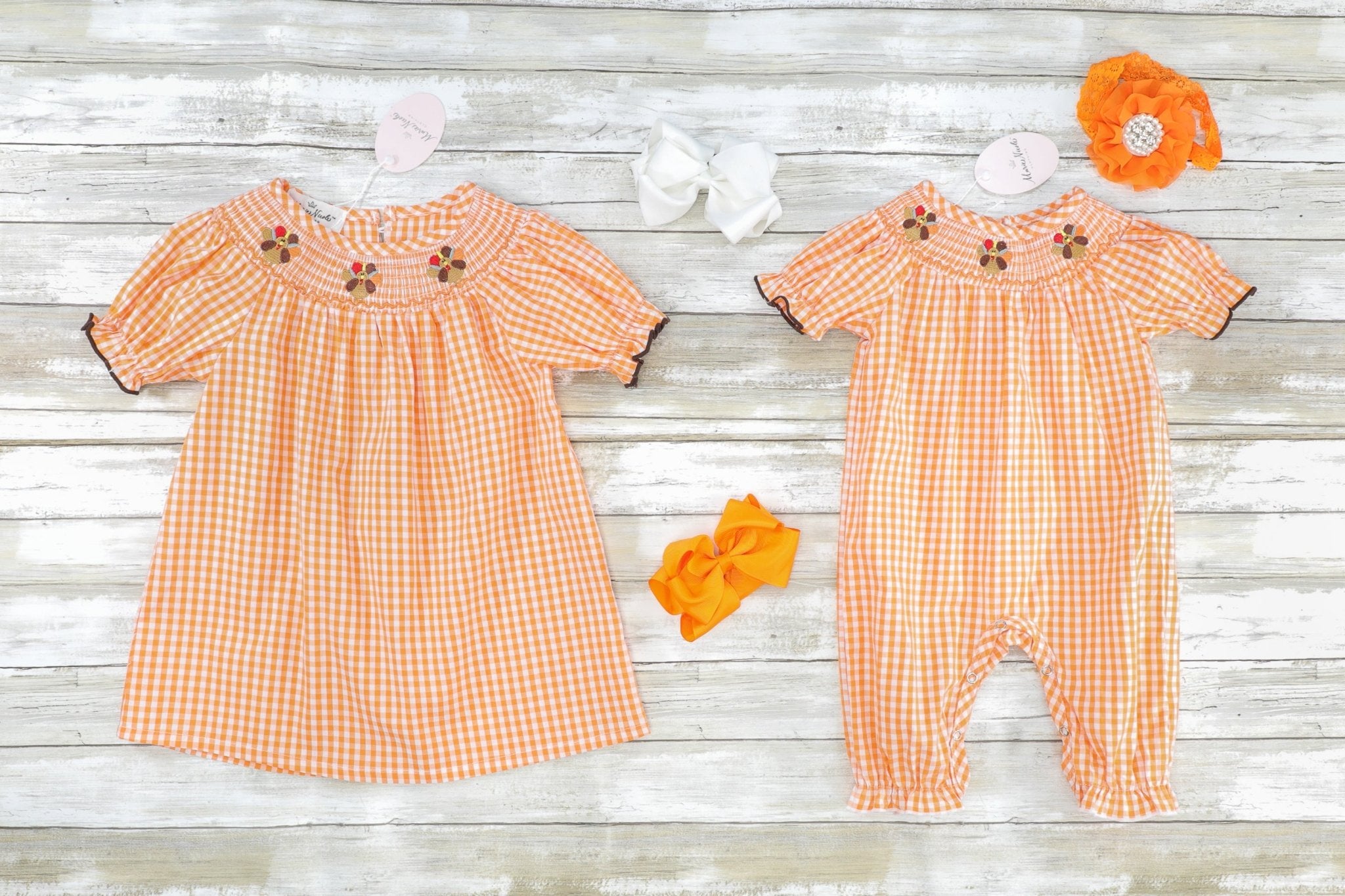 Orange Gingham Smocked Turkey Ruffle Romper - Marie Nicole Clothing