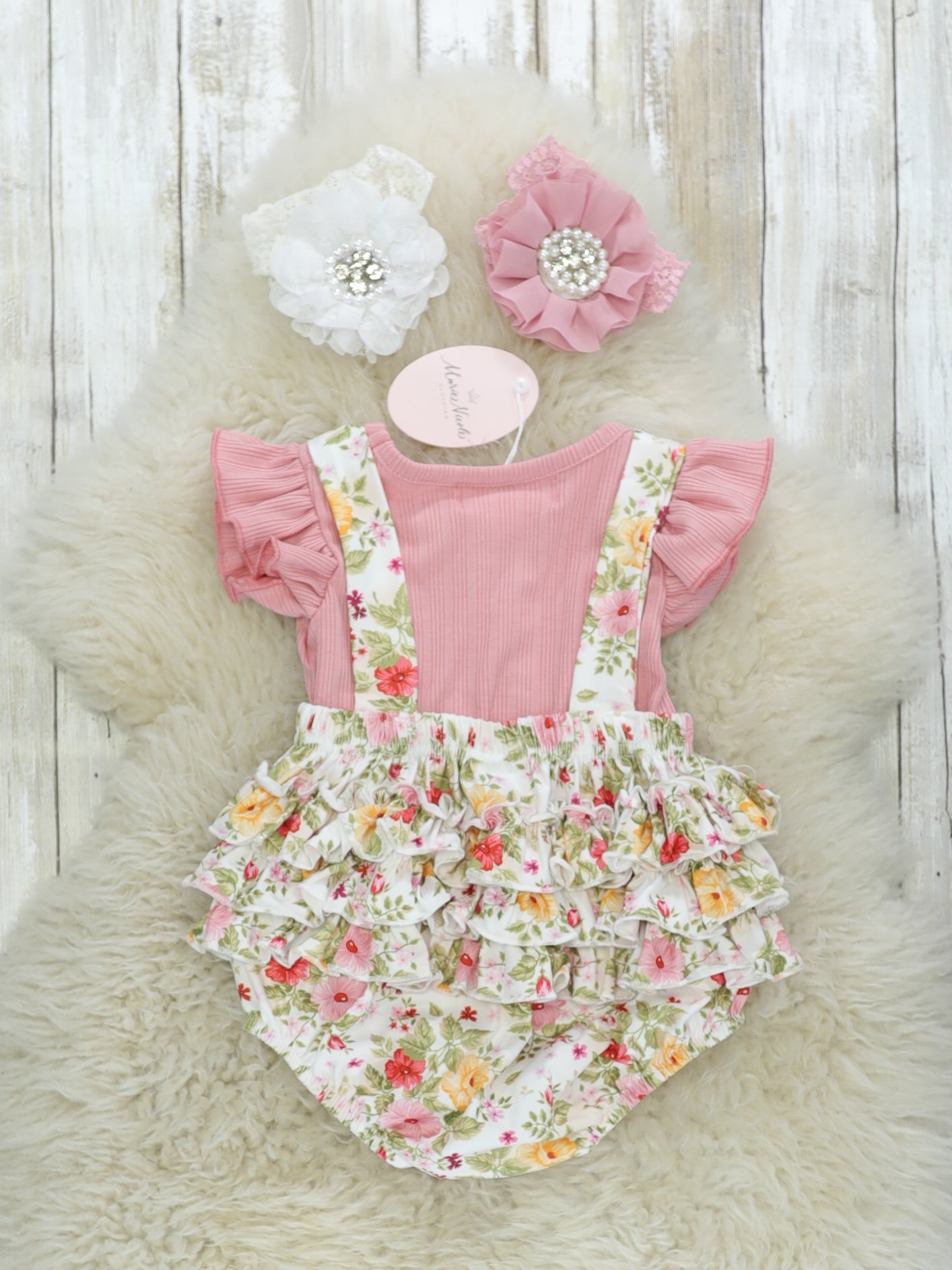 Pink Ruffle Top & Floral Ruffle Overall Set - Marie Nicole Clothing
