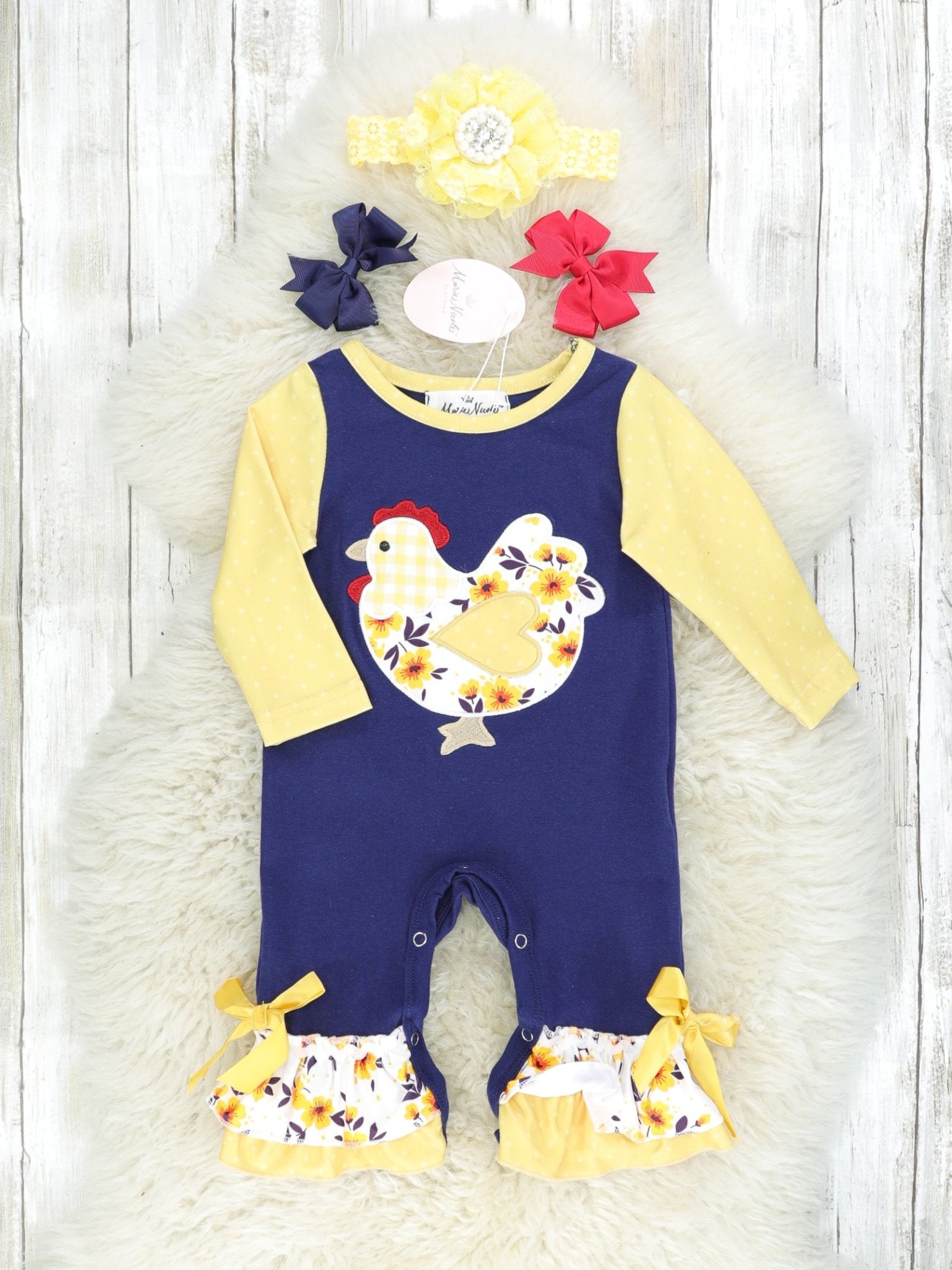 Navy Floral Chicken Ruffle Romper - Marie Nicole Clothing