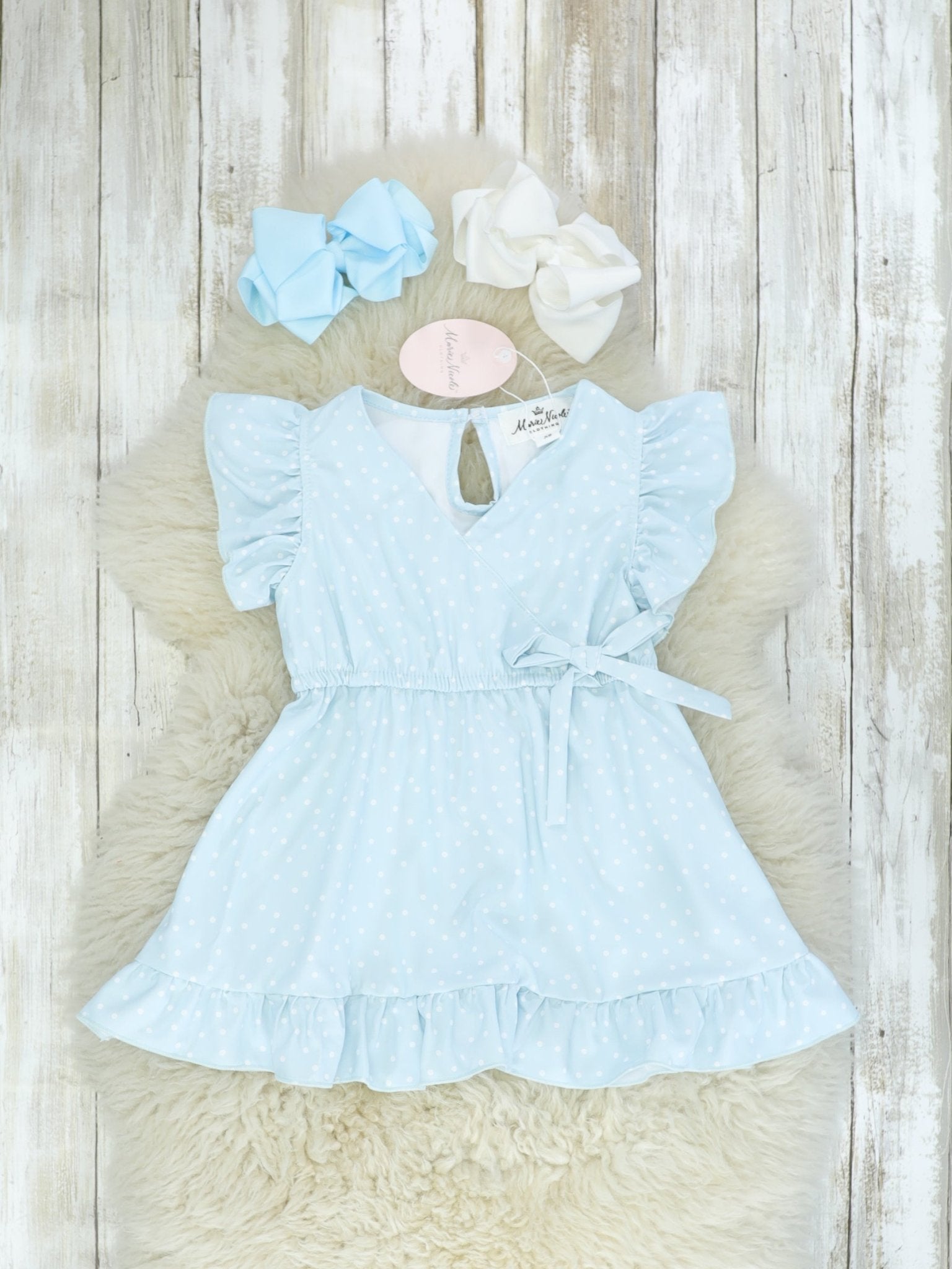 Mom & Me Polka Dotted Powder Blue Ruffle Dress - Marie Nicole Clothing
