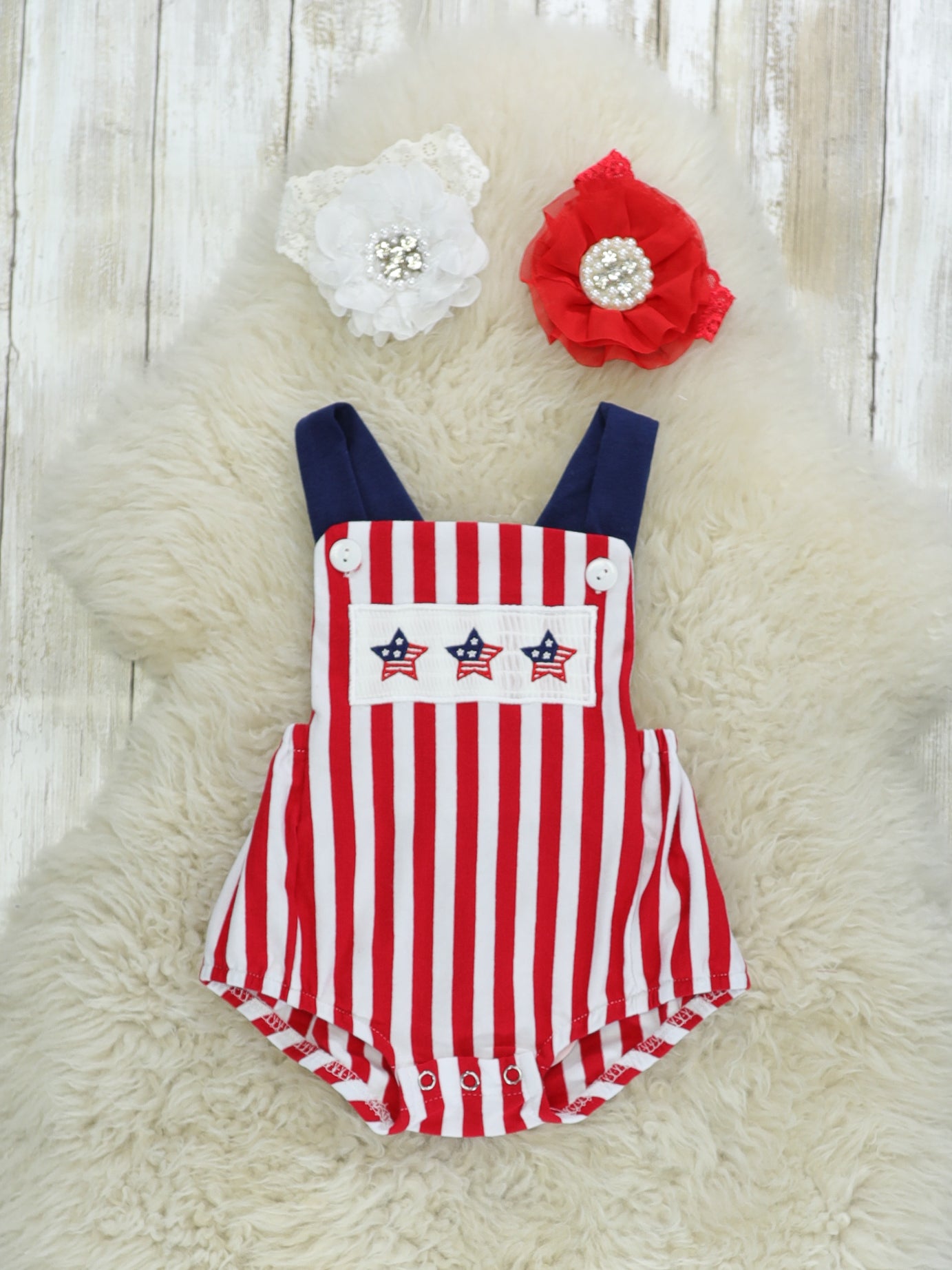 Red Striped Star Smocked Bubble Romper - Marie Nicole Clothing