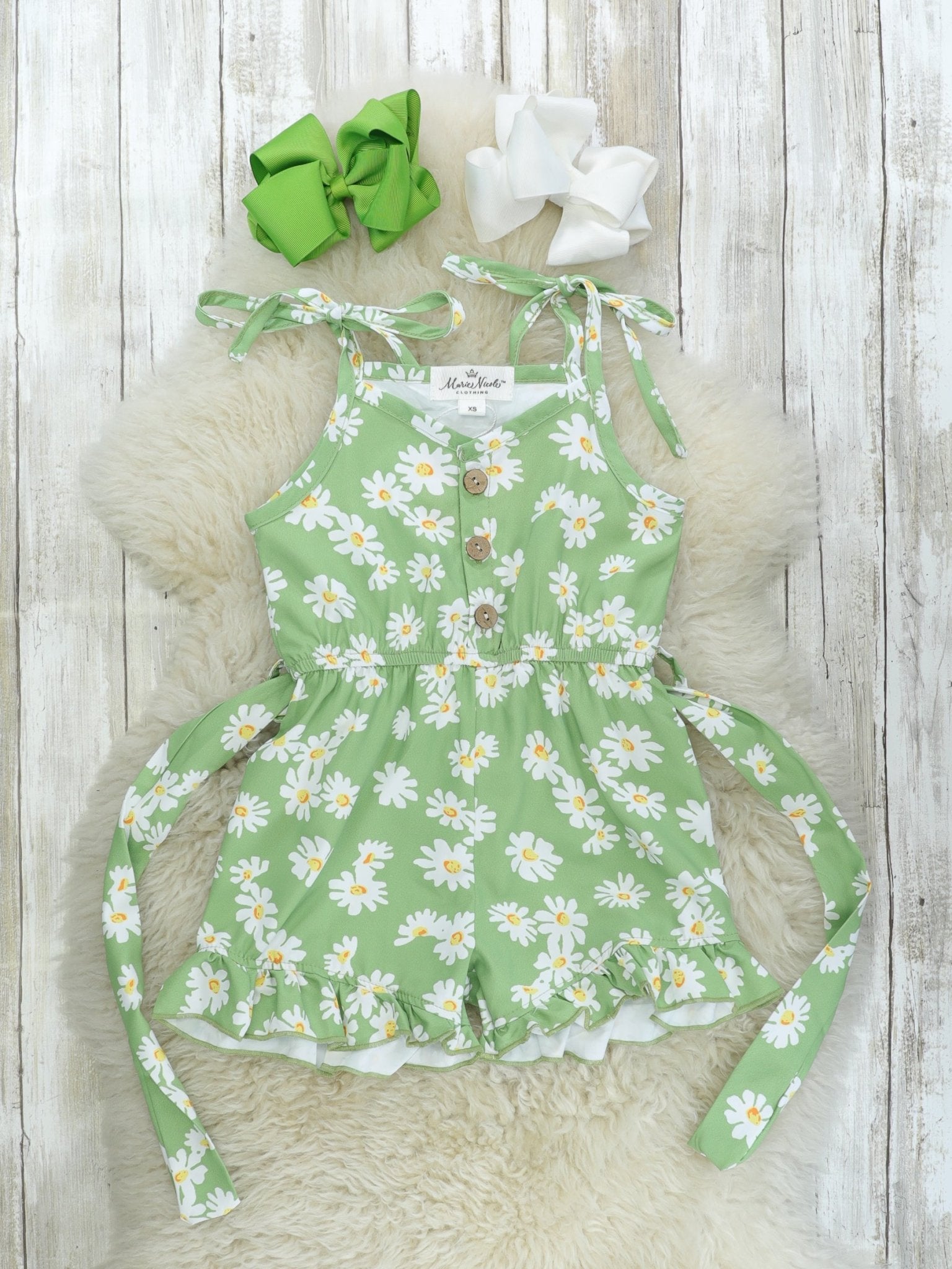 Green Flowers Tie Romper - Marie Nicole Clothing