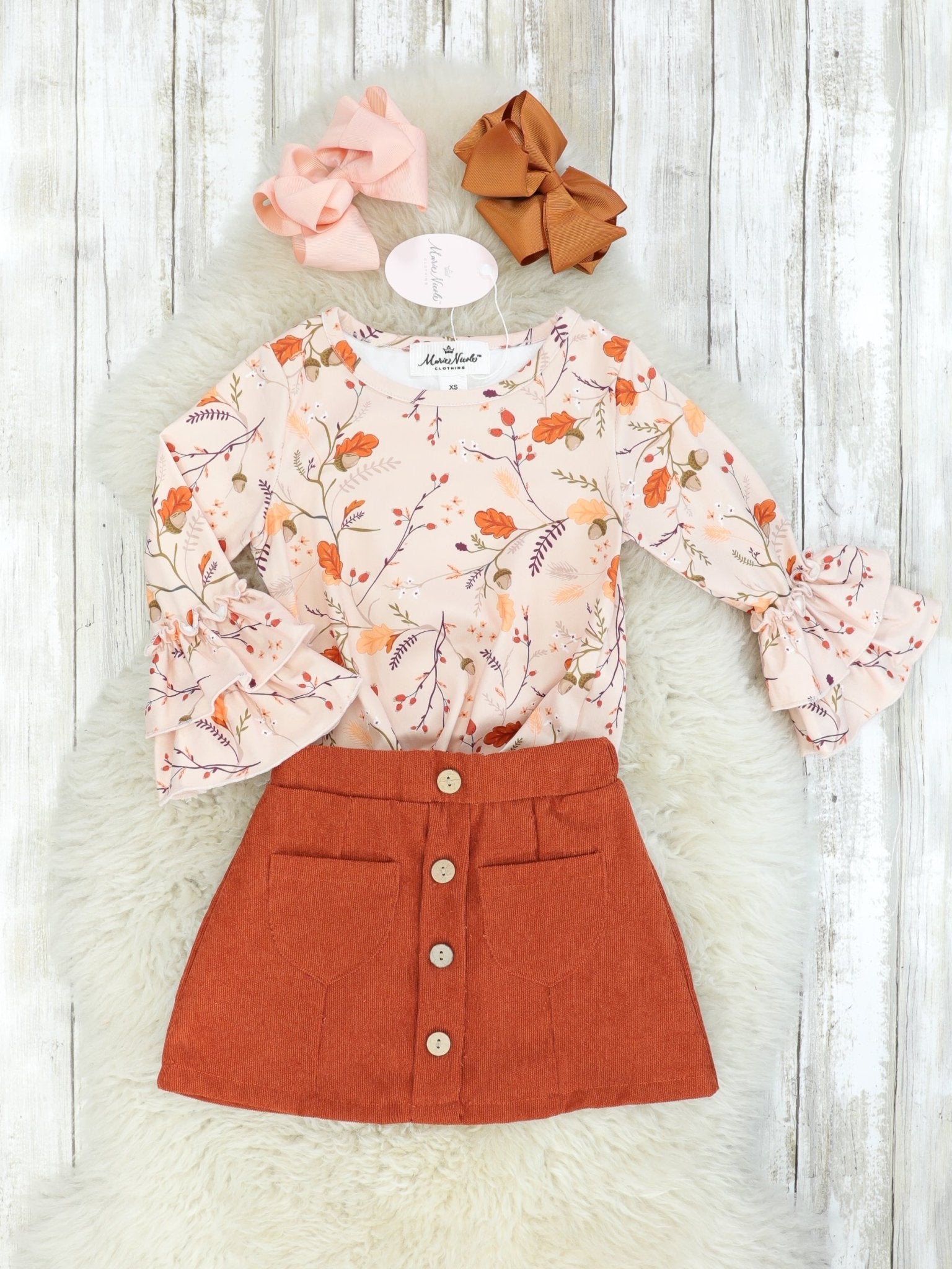 Autumn Botanic Ruffle Sleeve Top & Brown Pocket Skirt - Marie Nicole Clothing
