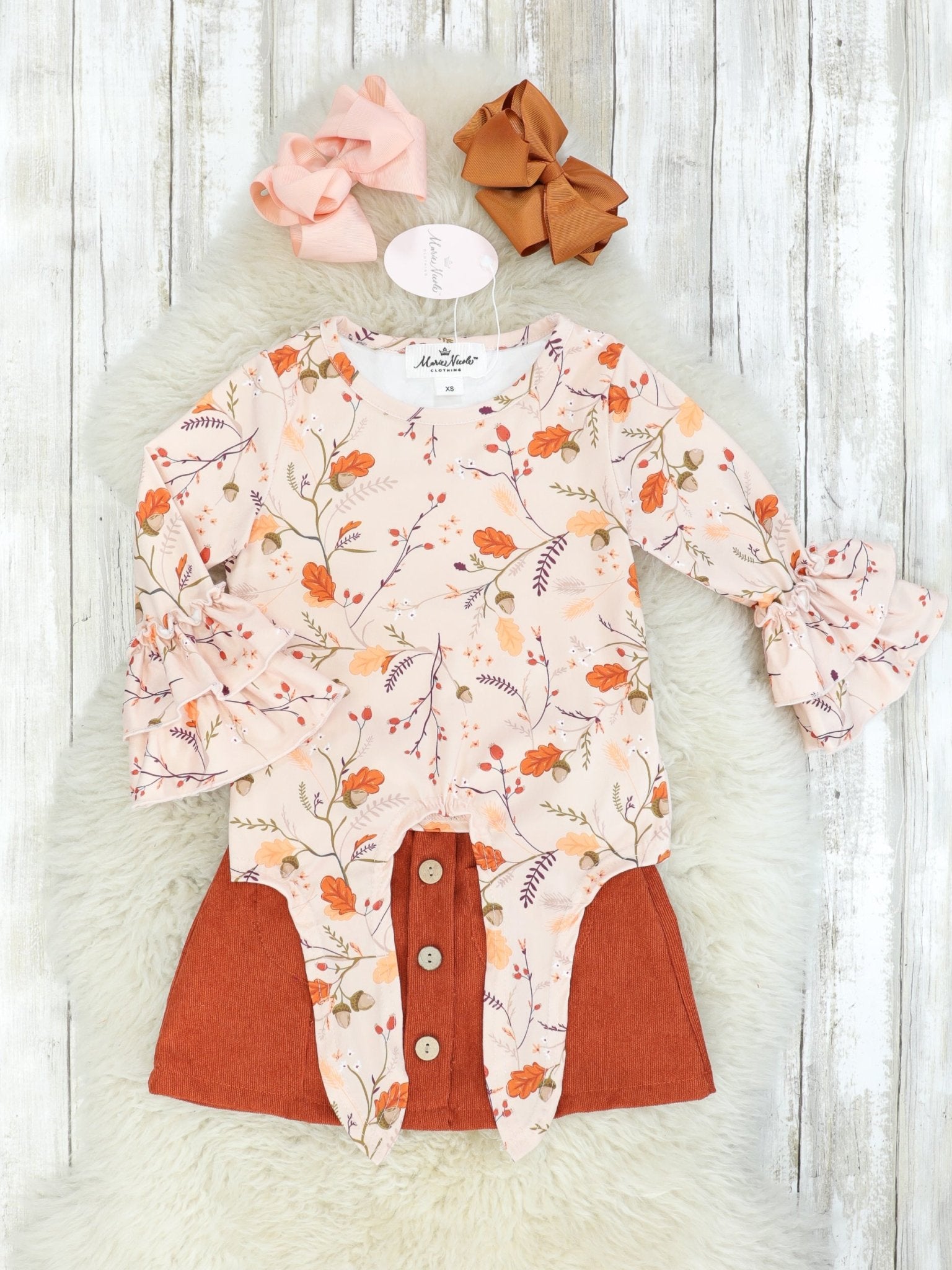 Autumn Botanic Ruffle Sleeve Top & Brown Pocket Skirt - Marie Nicole Clothing