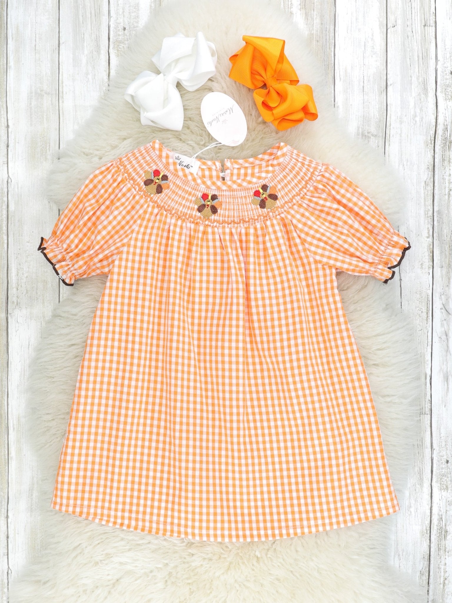 Orange Gingham Smocked Turkey Dress - Marie Nicole Clothing
