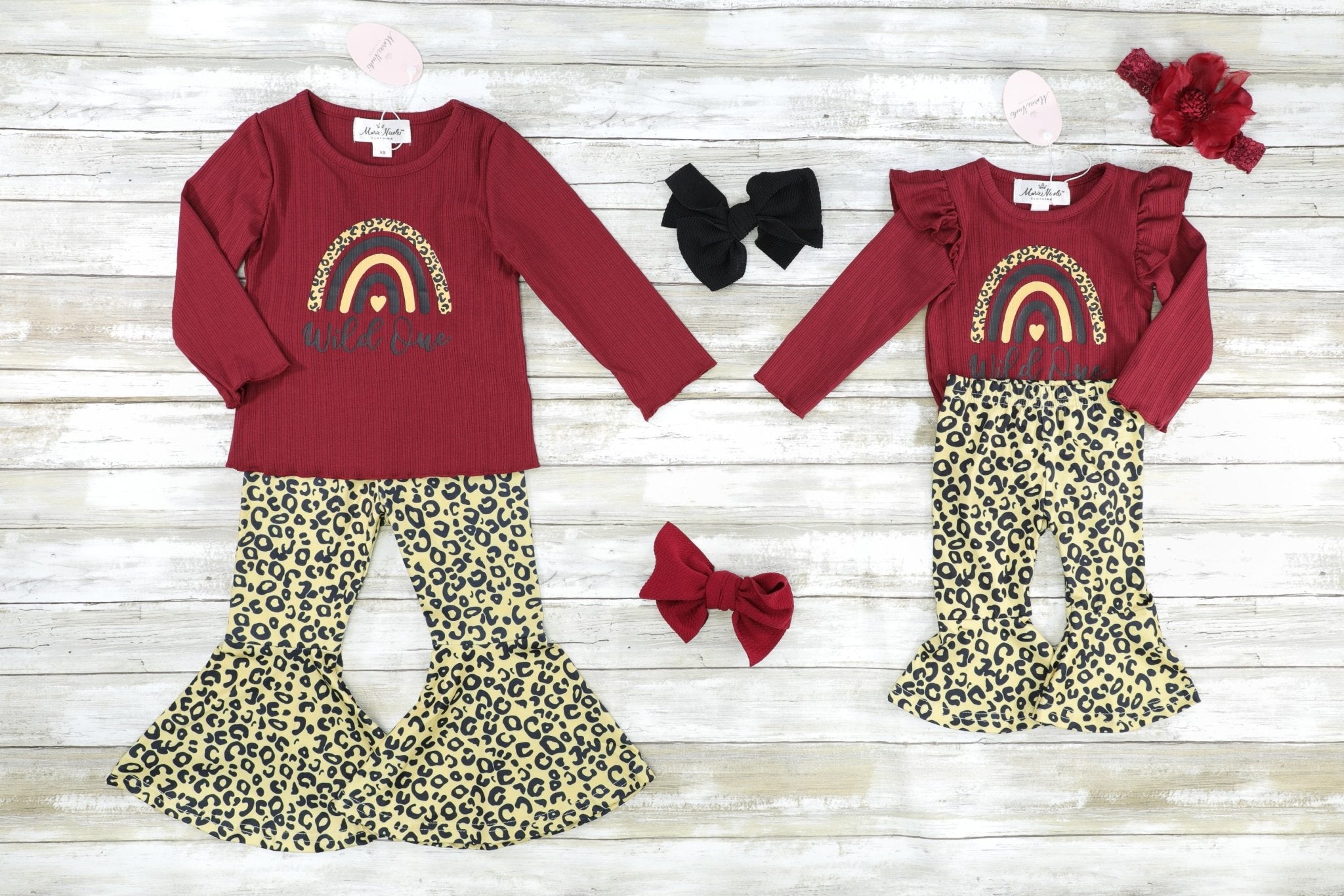 Burgundy "Wild One" Ribbed Leopard Top & Bell Bottom Outfit - Marie Nicole Clothing