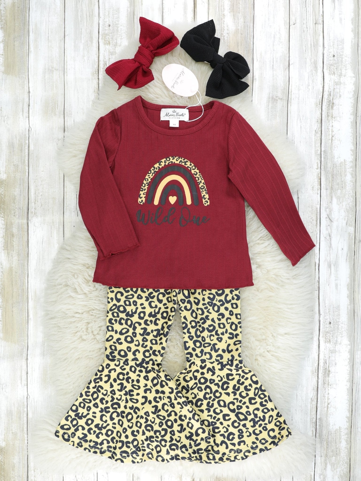 Burgundy "Wild One" Ribbed Leopard Top & Bell Bottom Outfit - Marie Nicole Clothing