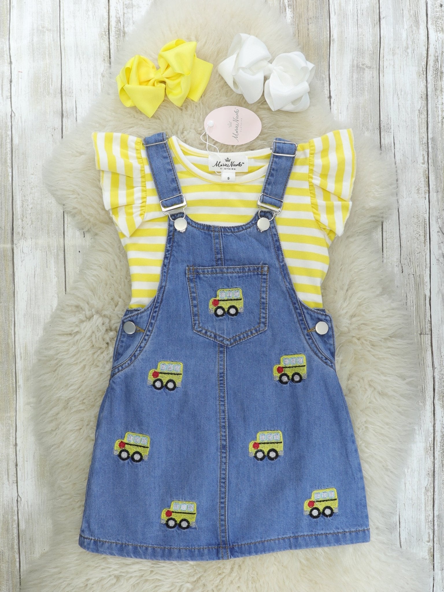 Yellow Bus Denim Overall Dress - Marie Nicole Clothing