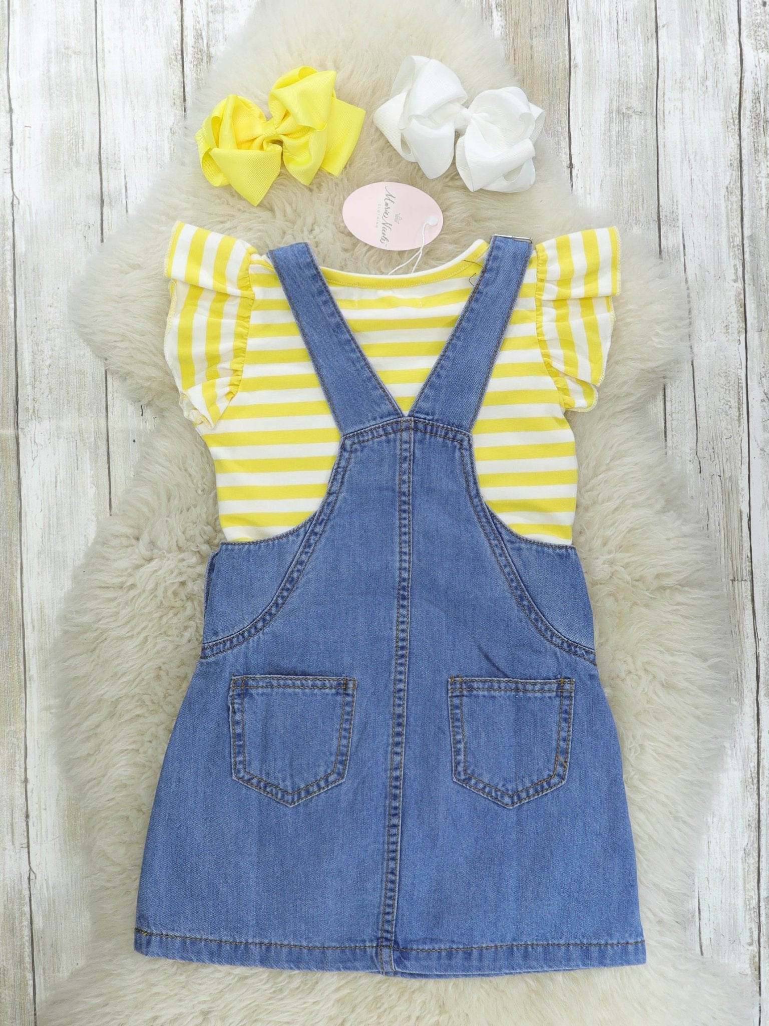 Yellow Bus Denim Overall Dress - Marie Nicole Clothing