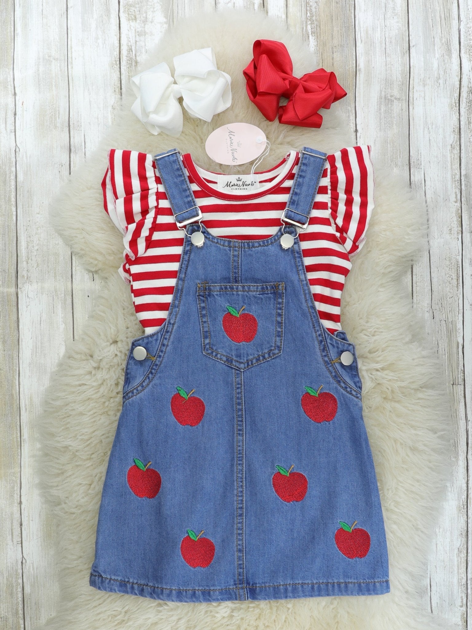 Red Apple Denim Overall Dress - Marie Nicole Clothing