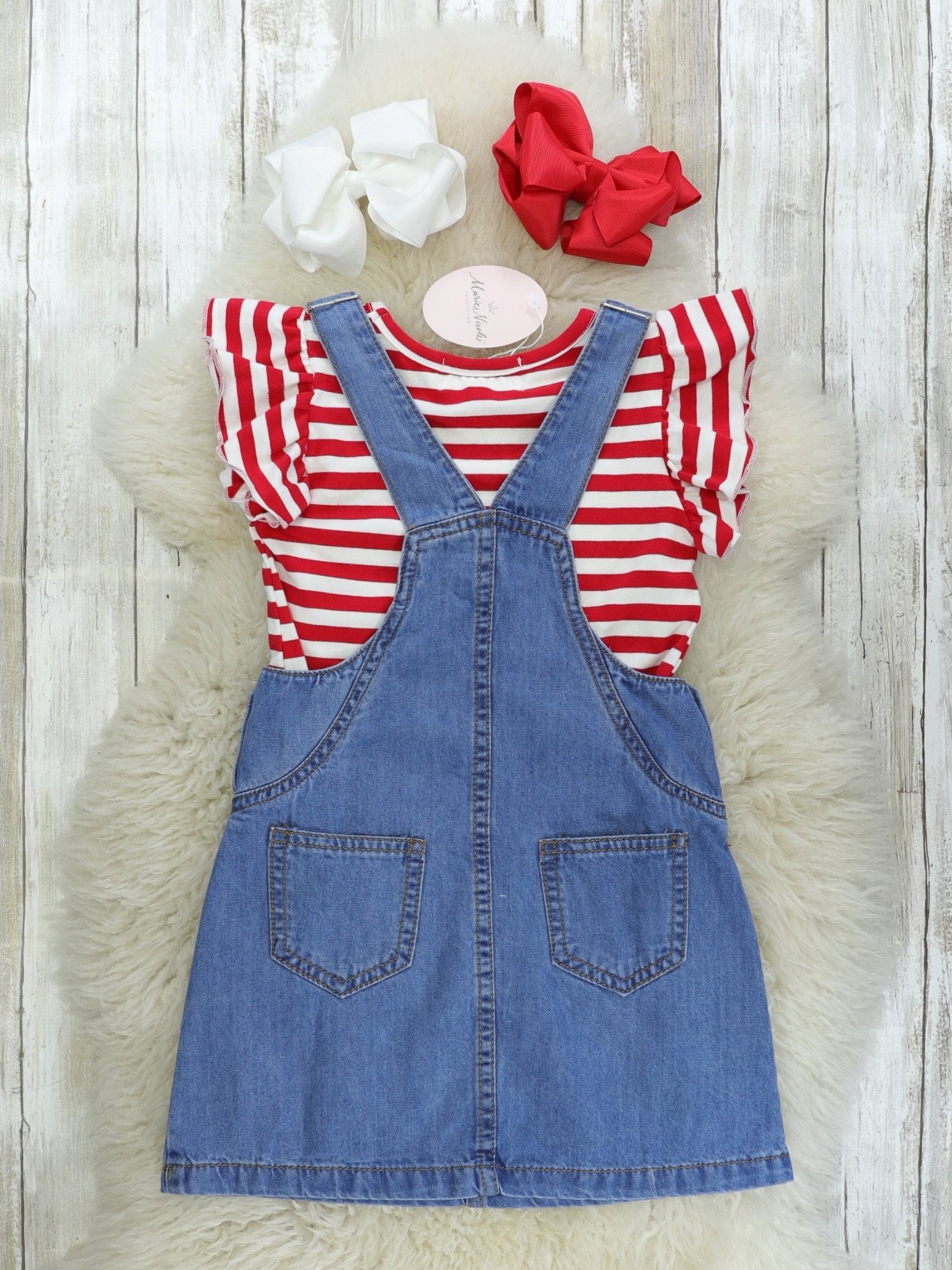 Red Apple Denim Overall Dress - Marie Nicole Clothing