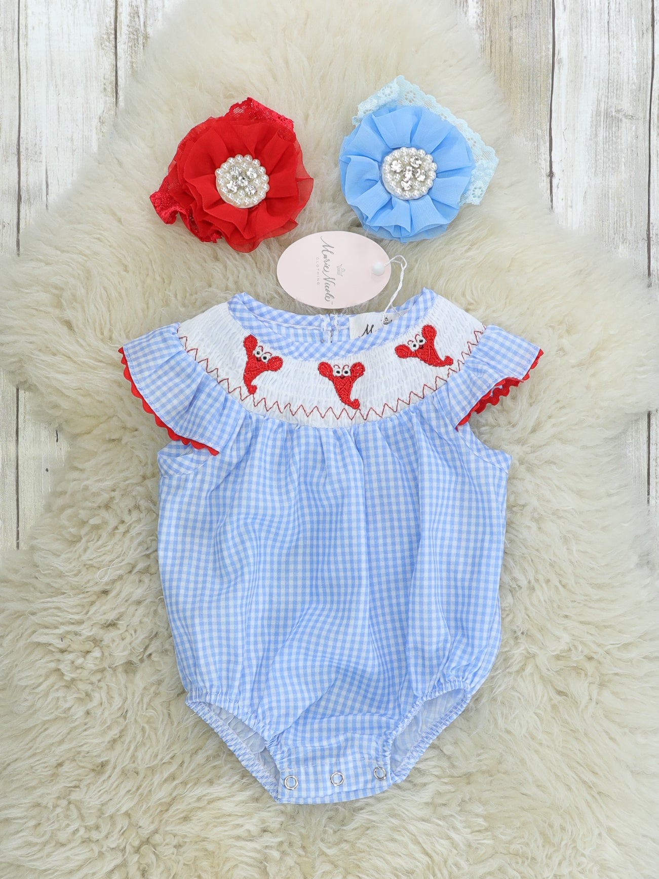 Blue Gingham Lobster Smocked Ruffle Romper - Marie Nicole Clothing