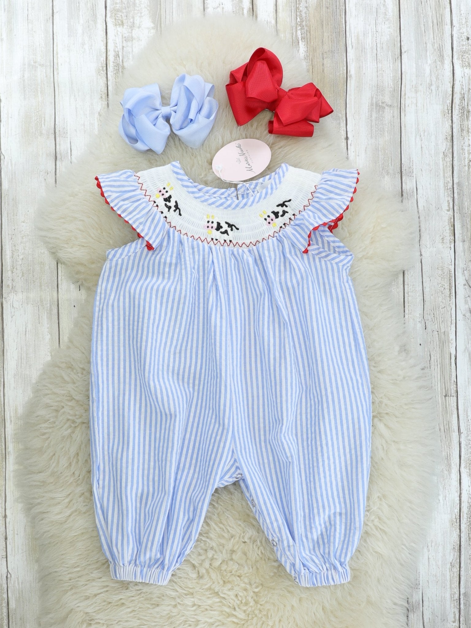 Striped Smocked Cow Romper - Marie Nicole Clothing