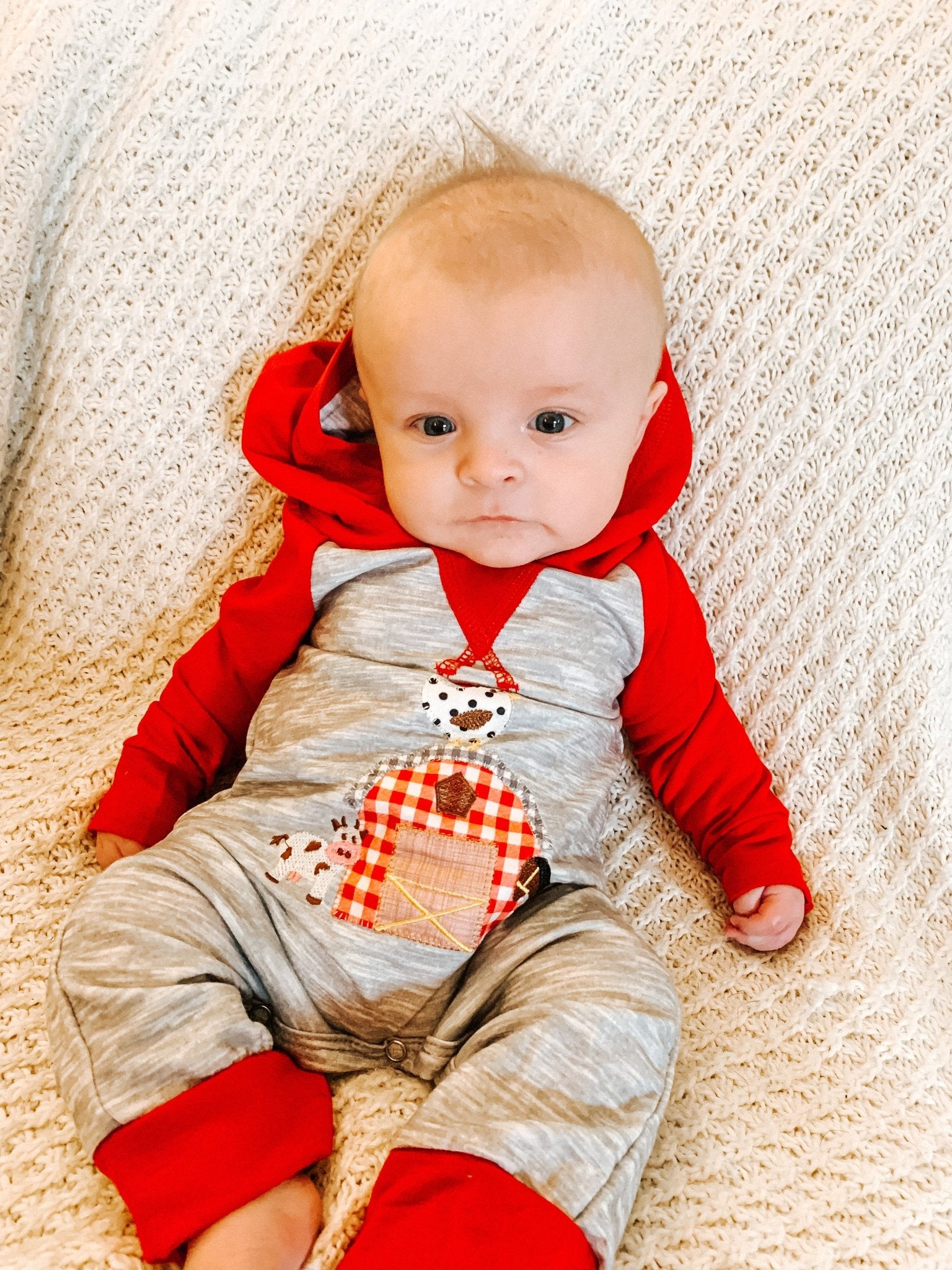 Red Raglan Farm Animal Hooded Romper - Marie Nicole Clothing