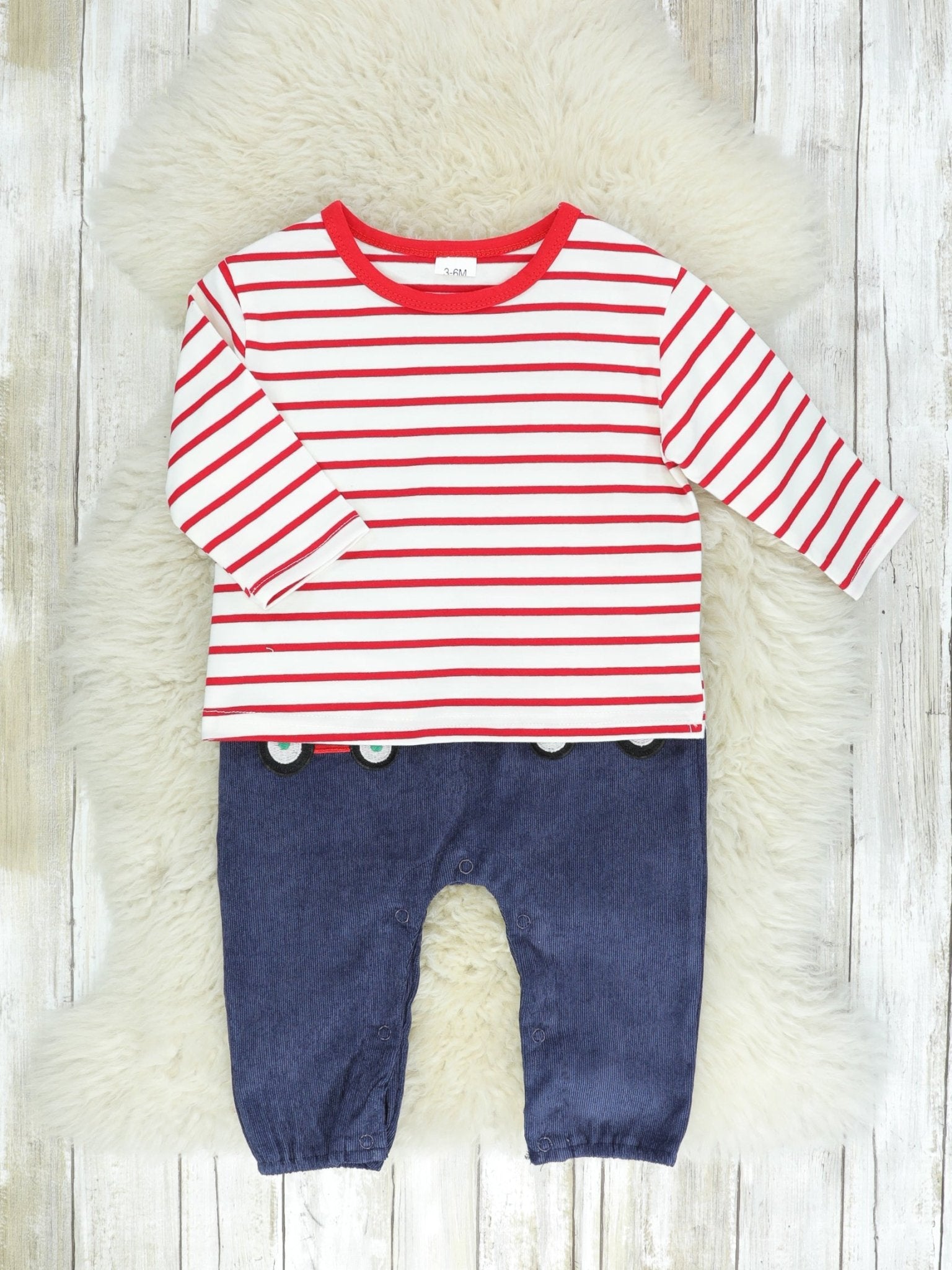 Red, White, & Navy Tractor Overalls Outfit - Marie Nicole Clothing