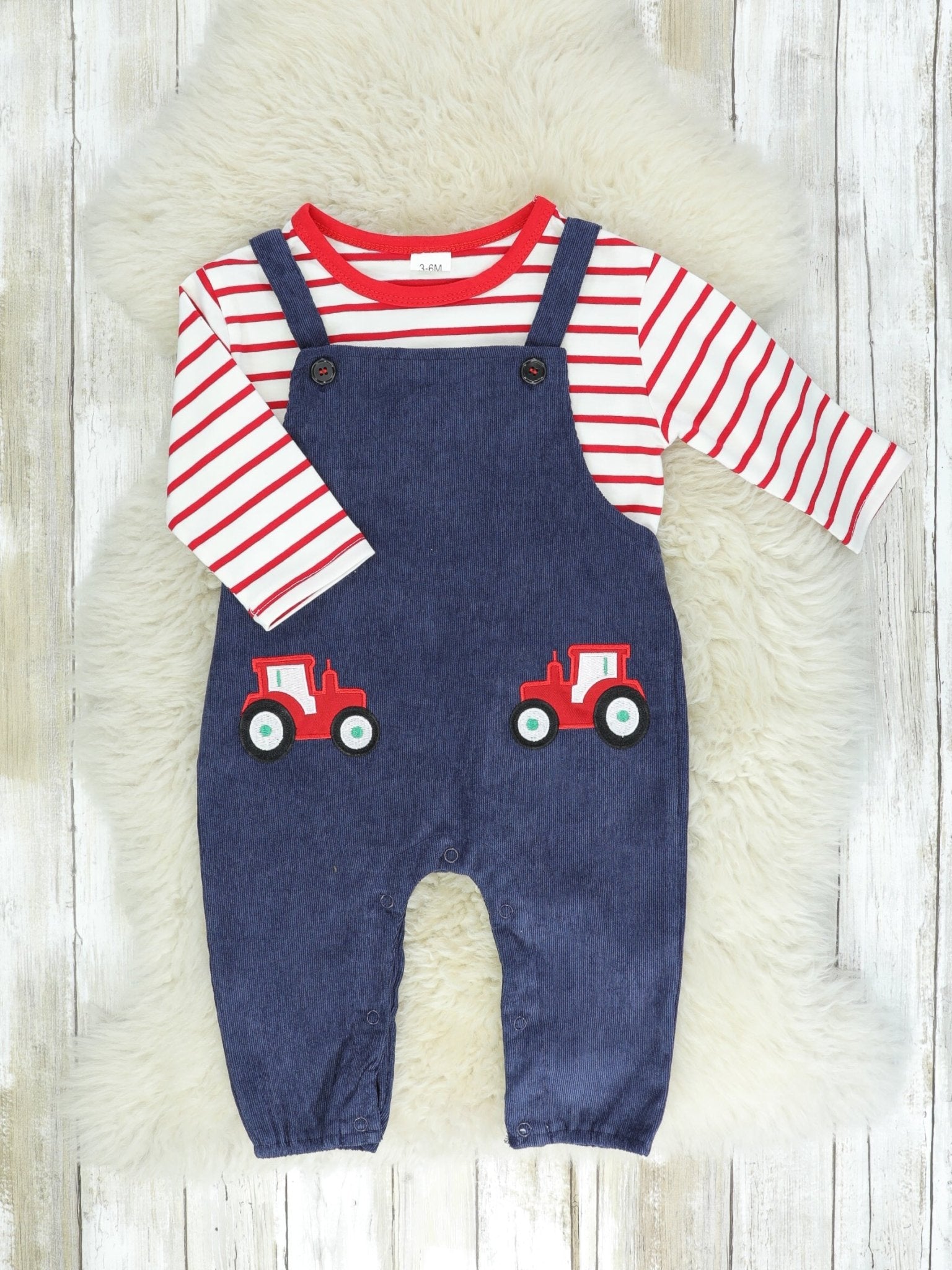 Red, White, & Navy Tractor Overalls Outfit - Marie Nicole Clothing